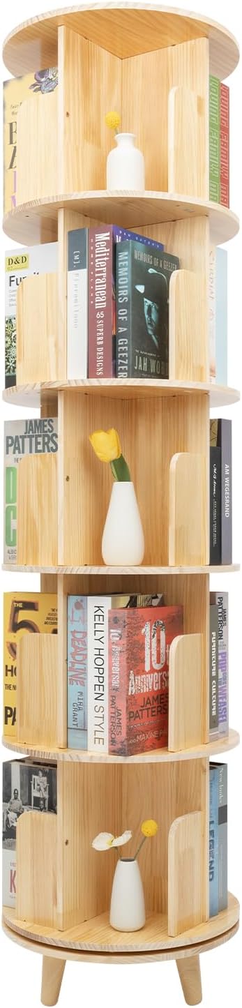 MRFIOJYDR 5 Tier Rotating Bookshelf, 360° Display Floor Standing Bookcase Storage Rack for Kids Adults, Free Assembly Wooden Cylindrical Spinning Book Shelf Organizer for Bedroom, Study Room, Library