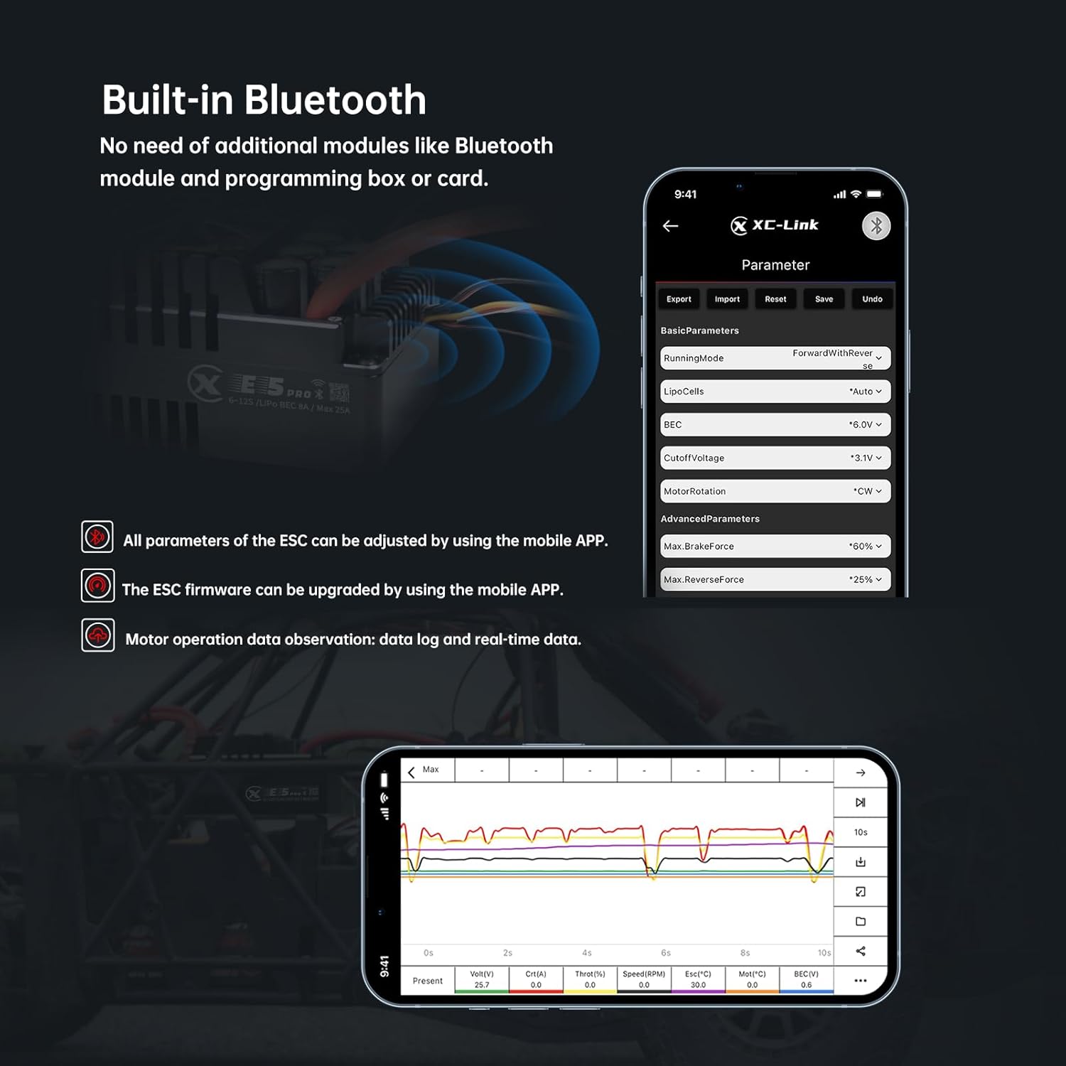 XC E5Pro APP Controls Sensored Brushless ESC for RC Car,6-12S Lipo,250A Continuous Current,8-25A、6.0/7.4/8.4V BEC,Applicable to 1/5、1/6 Off Road Truck Monster
