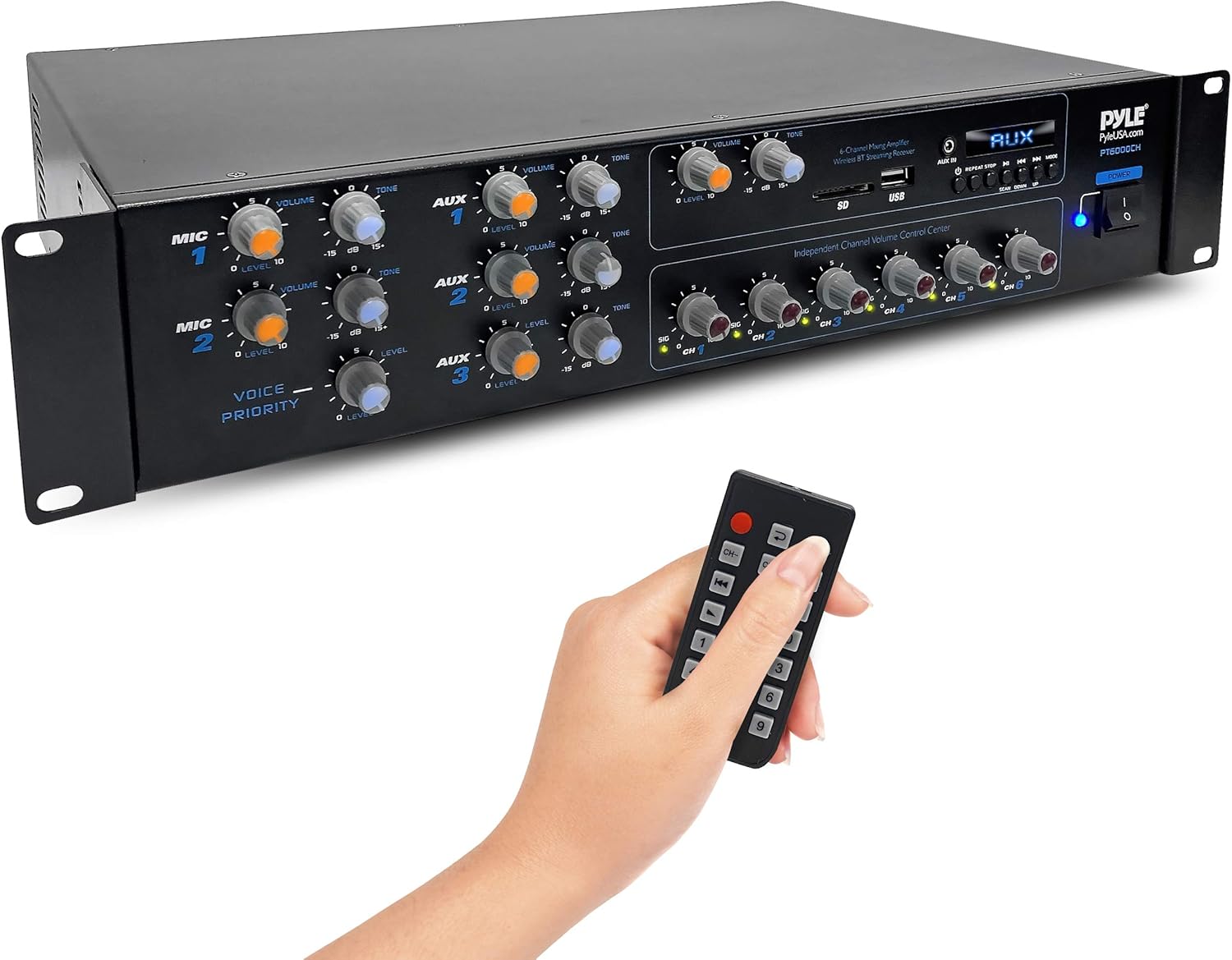 Pyle Power Amplifier with Bluetooth Wireless - Rack Mount 6 Channel Multi Zone Audio - 4200W Peak - Stereo Mixing Receiver w/RCA, USB-A, AUX - for Commercial, PA, Home or Studio - PT6000CH.5