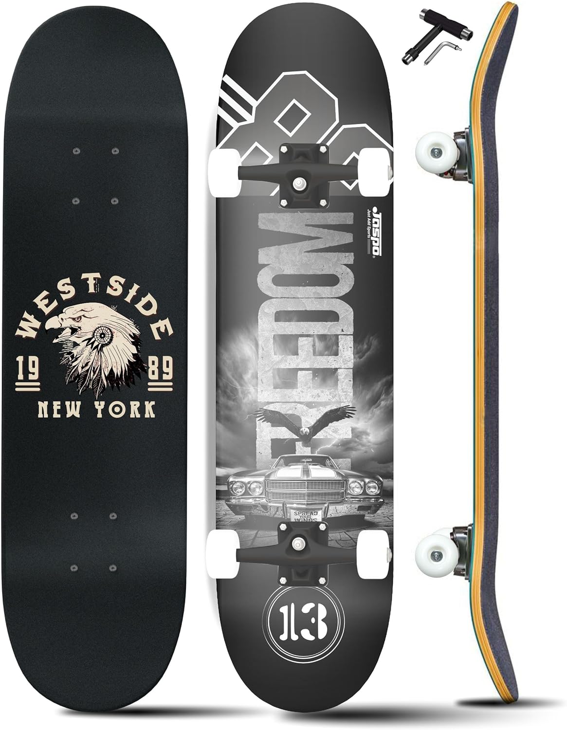 Jaspo Street King Skateboard for Adults & Kids - 7-Layer Canadian Maple Wood Deck, 31
