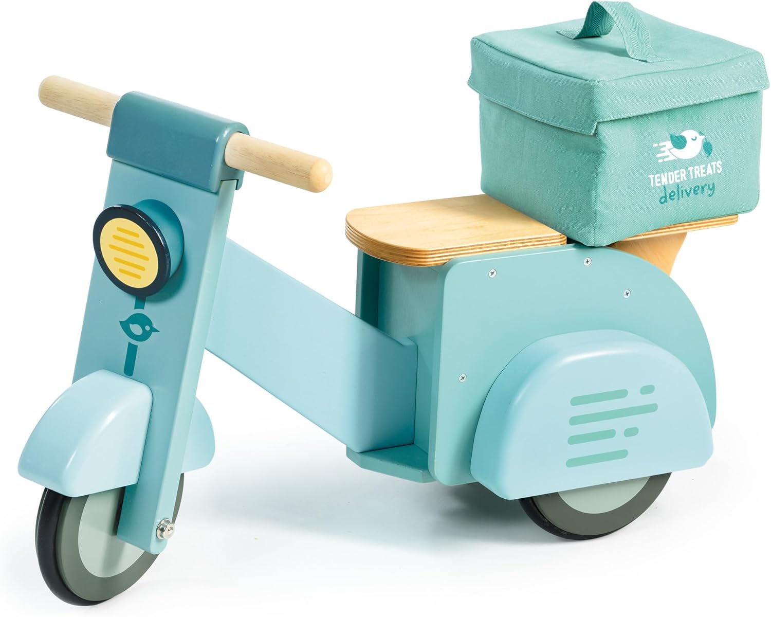 Tender Leaf Toys - Delivery Scooter - Wooden Ride-On Toy for Toddlers with Rubber Trimmed Wheels - Role-Play Scooter with Canvas Bag - Develop Social, Language and Gross Motor Skills - Age 2+