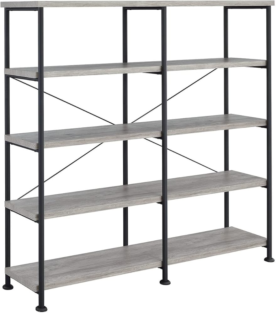 Jenvor 4-Shelf Open Bookcase Grey Driftwood with Black Metal Frame Double Wide Shelving Mid-Century Modern Display and Storage Open Design for Living Room Home Office Room Divider