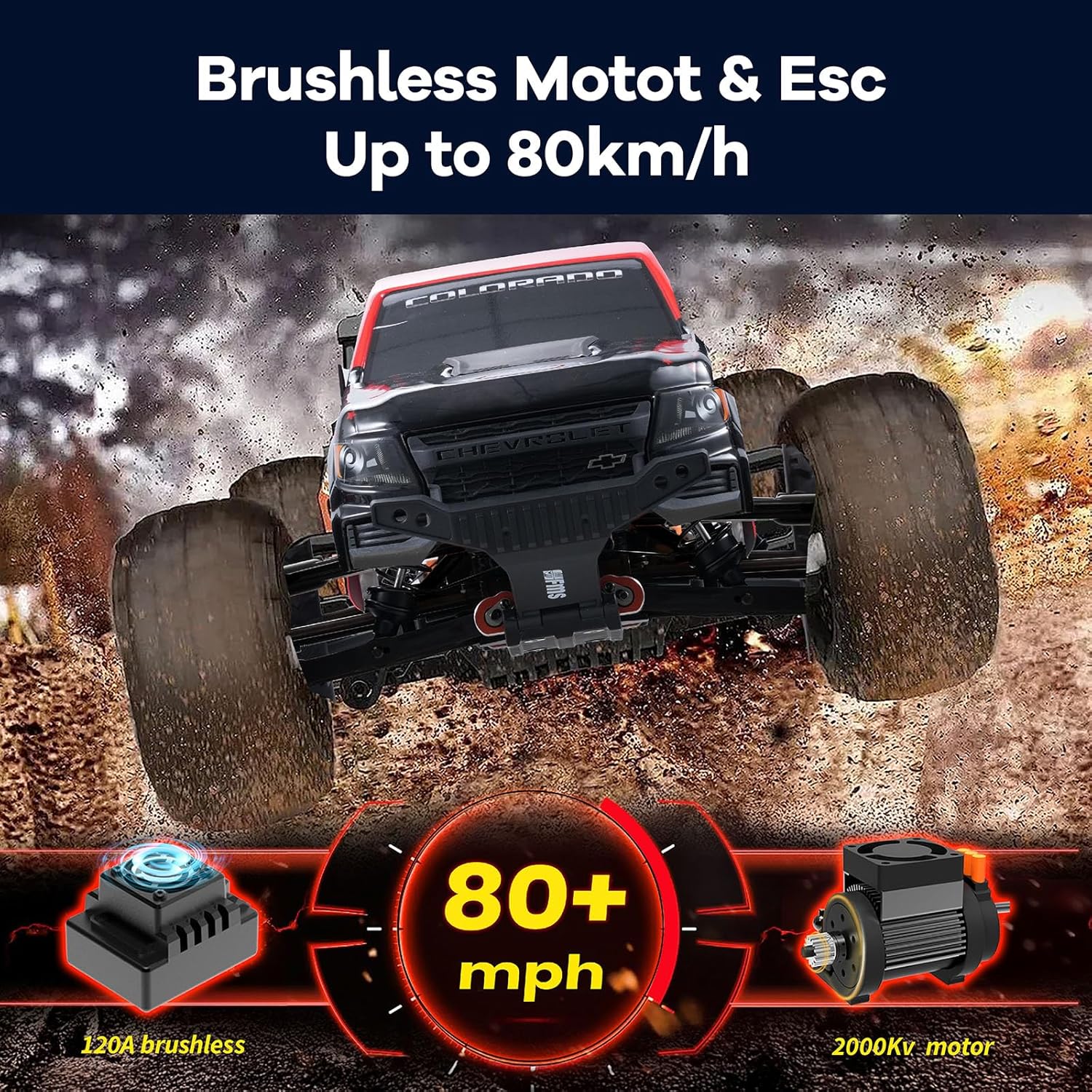 FCXㅤ FMS FMT10 1/10 Chevrolet Colorado Brushless RC Truck, 4WD Off-Road Crawler with Metal Chassis, Waterproof ESC, Hobby Grade Remote Control Car for Adults (Black and Red)