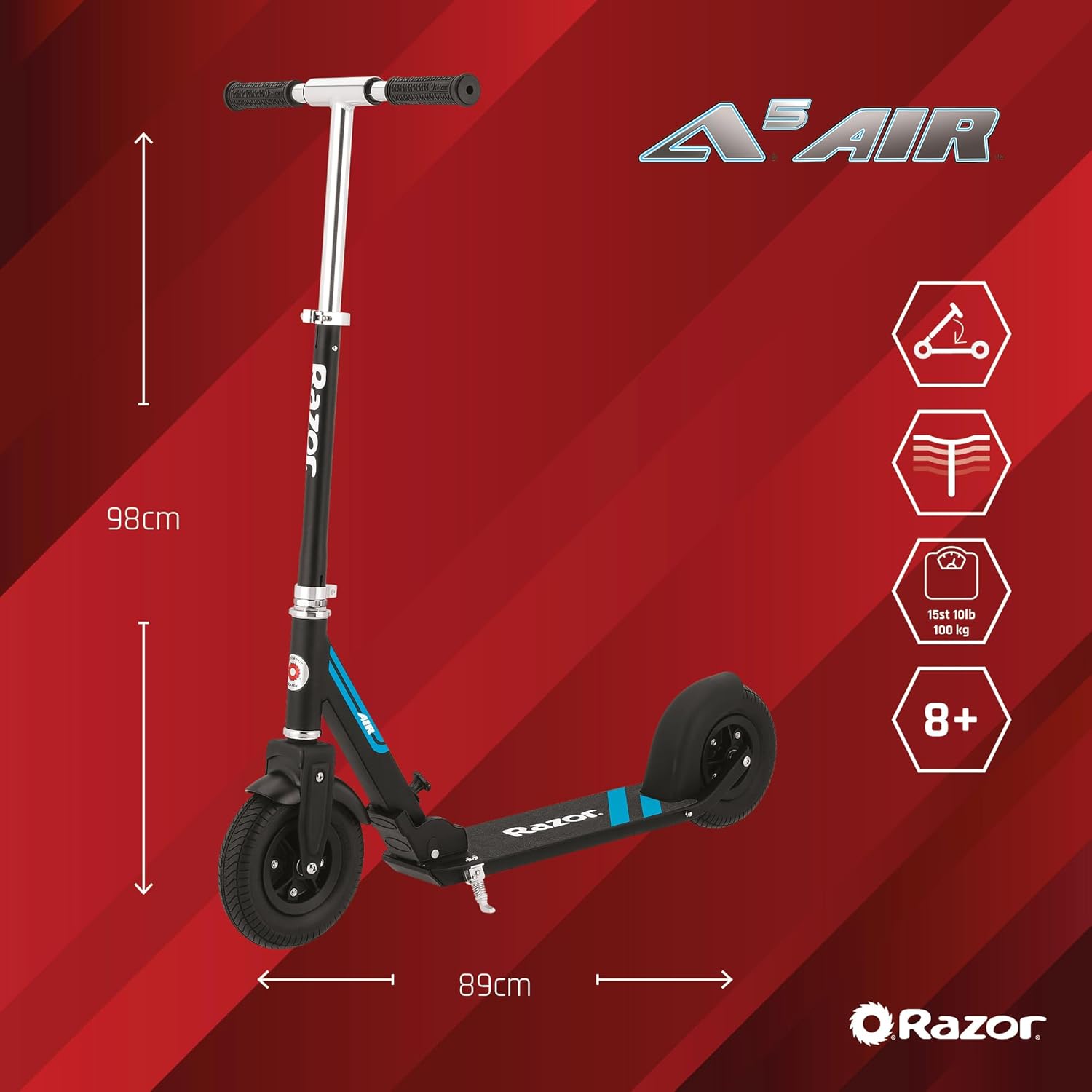 Razor A5 Air Kick Scooter for Adults and Teens, Height Adjustable Handlebars with Anti Rattle, Foldable Mechanism for Easy Storage and Transport, Supports Riders Up to 100 KG (220 Lbs).