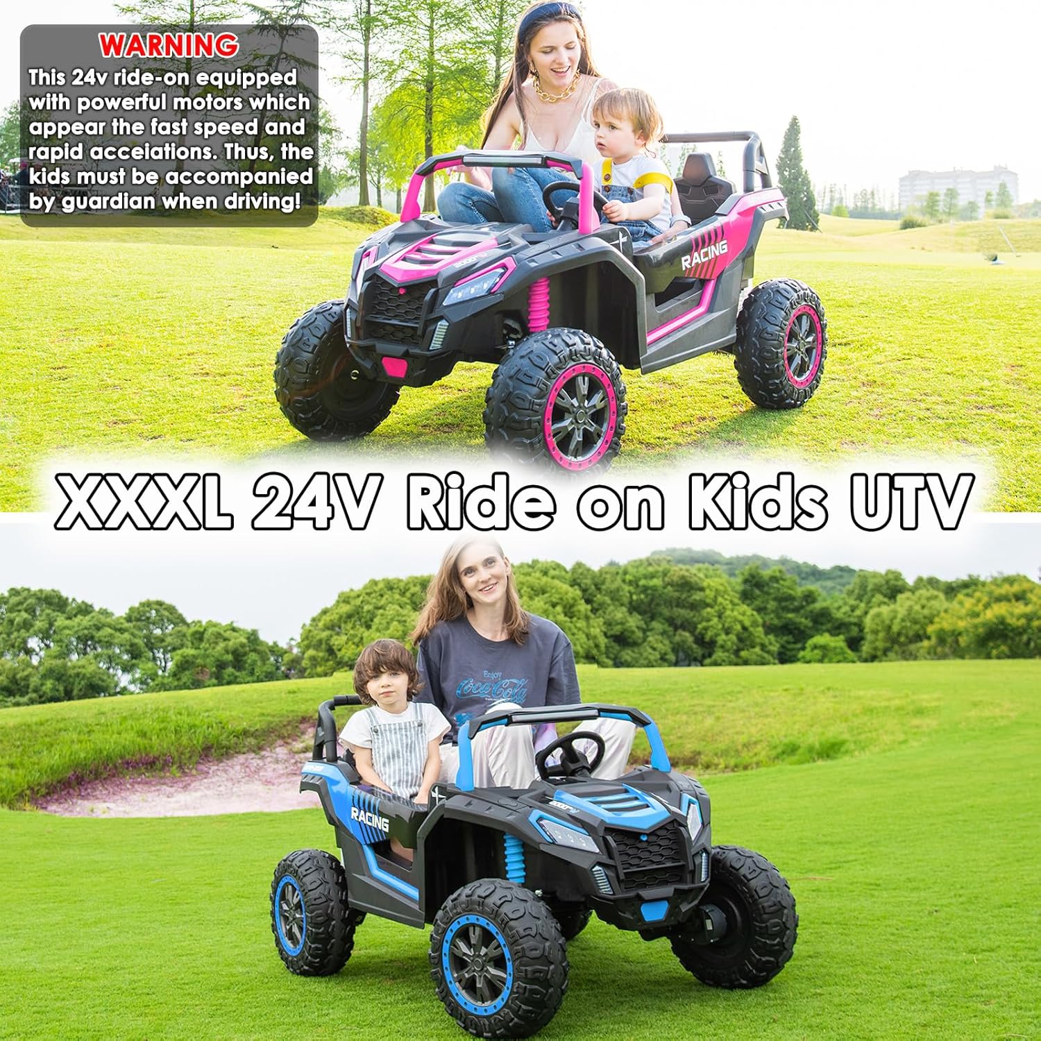 NEWQIDA XXXL 24V Ride On Toys Car for Big Kids 4WD Buggy UTV with EVA Tires Electric Car for Kids with Remote Control 4 Powered Wheeler-555 Motors, Max 220lbs, Up to 5.6 MPH, Shock Suspensions, Pink