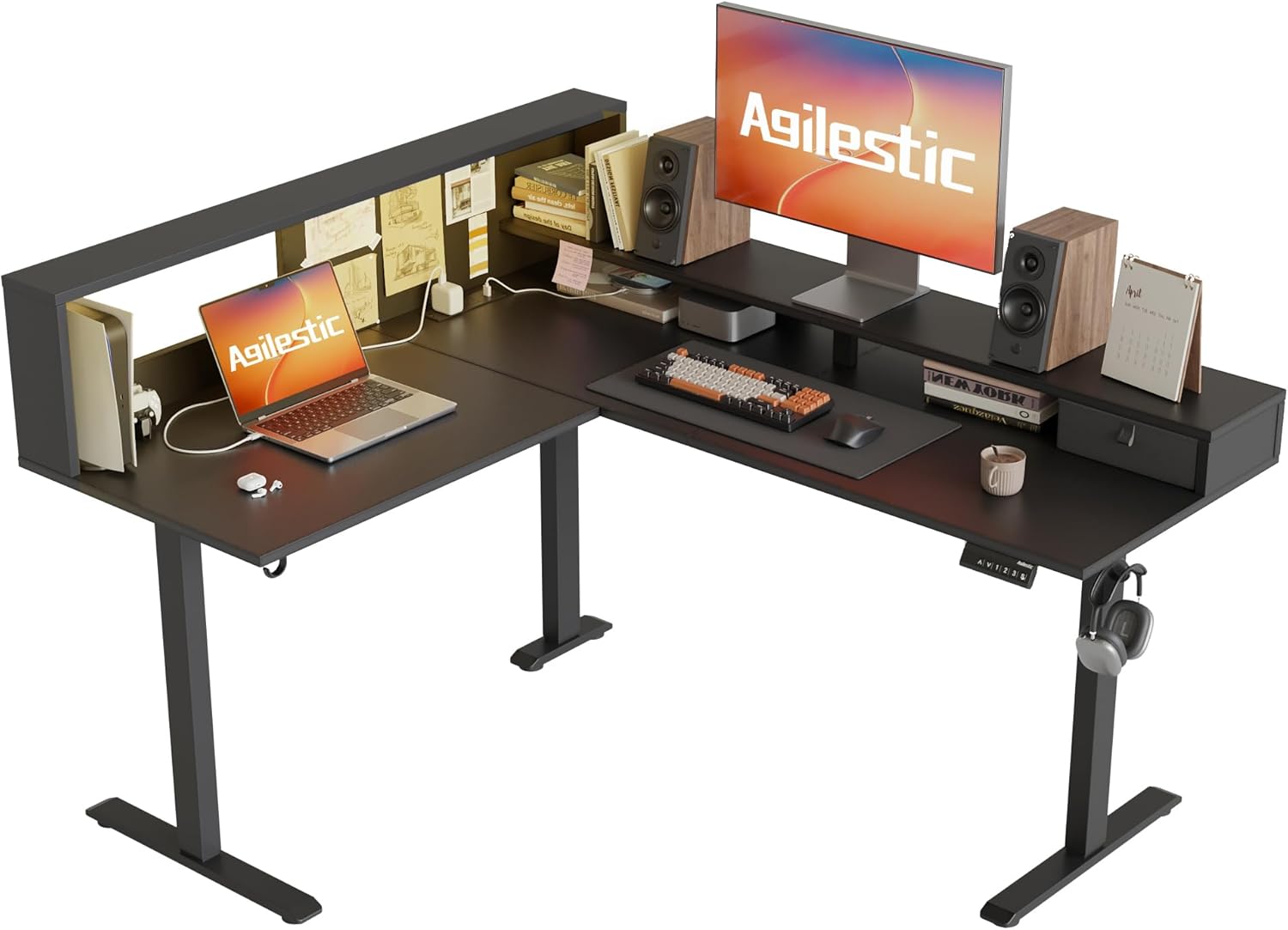 Agilestic L-Shaped Electric Standing Desk, 63x55 Inch Ergonomic Adjustable Height Desk with Storage, Stand Up Corner Desk Sit Stand Computer Table Power Outlet & LED Lights, Office Table, Black
