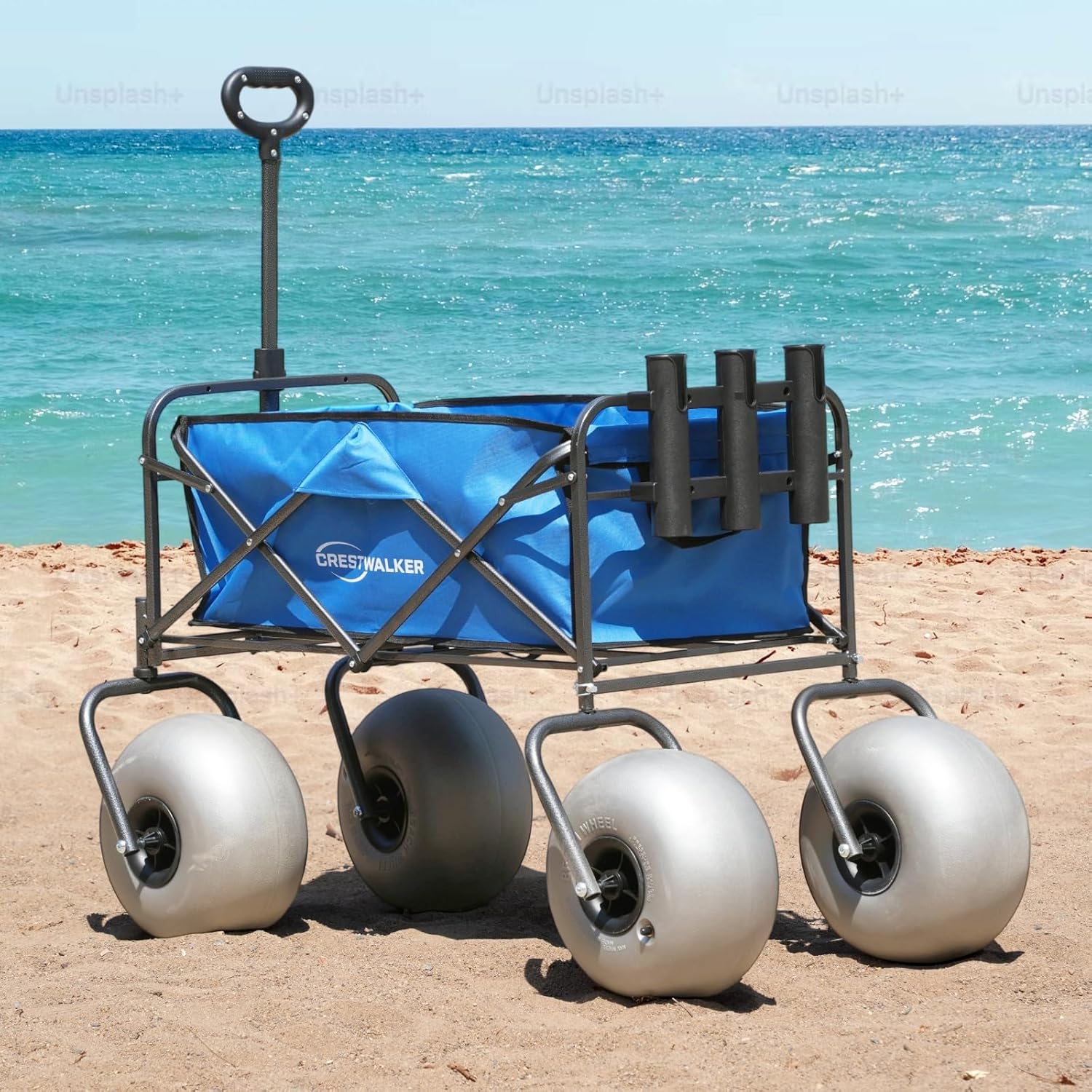 Foldable Fishing Cart with Balloon Wheels (13'' x 7''), Collapsible Beach Wagon with Big Wheels for Sand, Built-in Rod Holders, 330 lbs Capacity, Pump Included