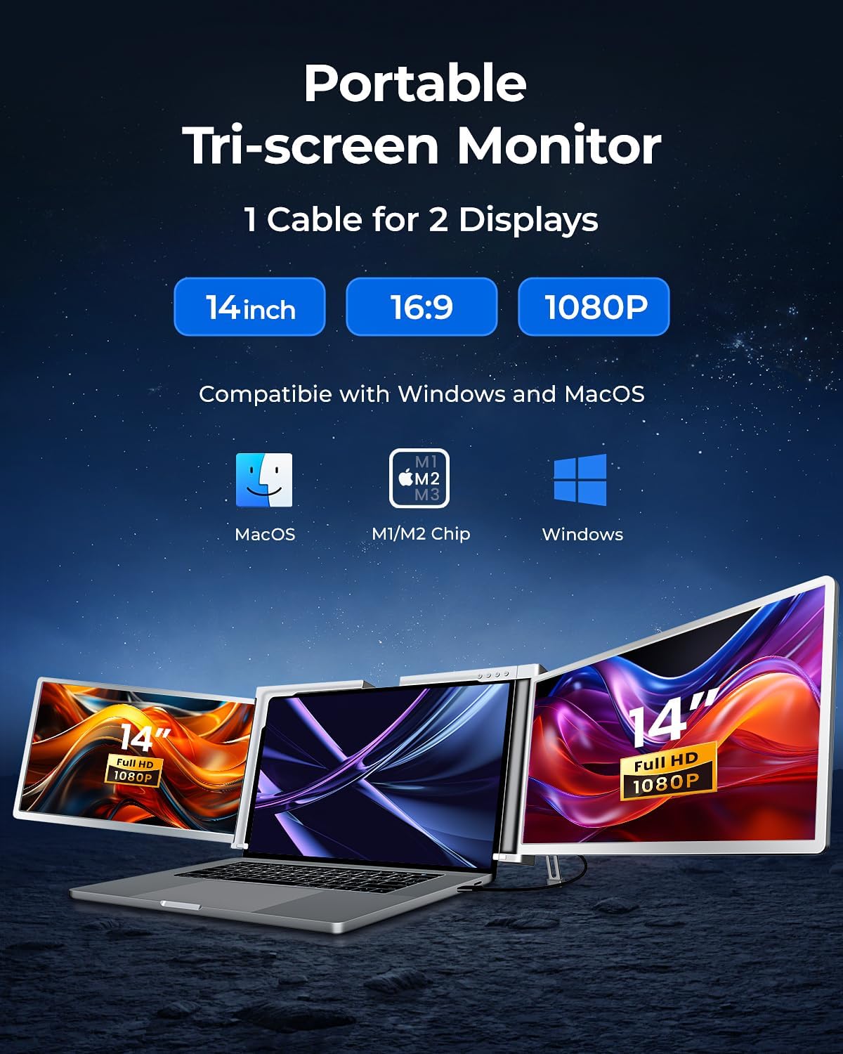 RayCue Triple Laptop Screen Extender,[Only 1 Cable to Connect],14'' FHD 1080P 16:10 USB-C Laptop Screen Extender for Windows MacOS, Plug and Play for 13-17.3'' Type-C/USB-A Laptop