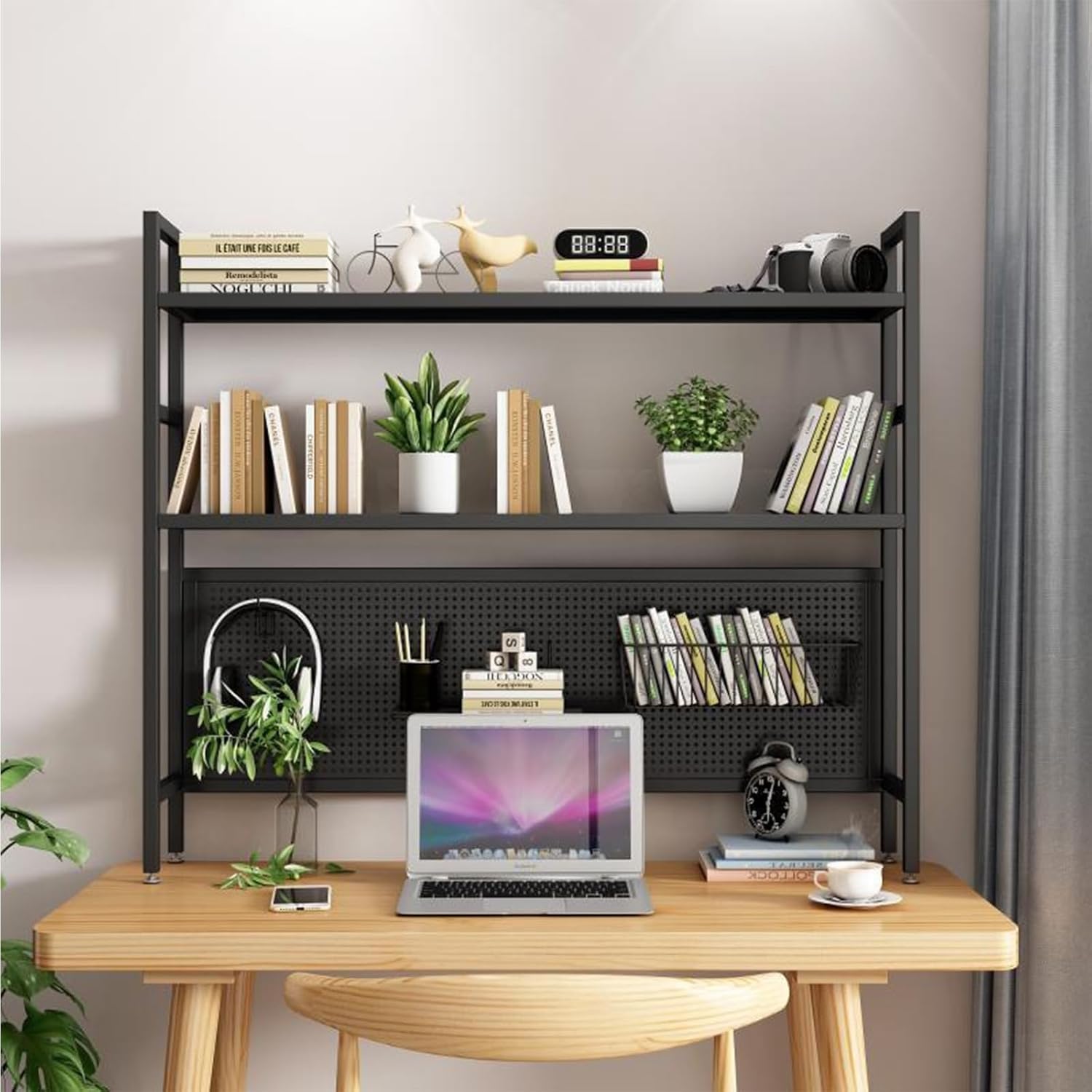 PAUANI 2-Tier Desktop Bookshelf for Computer Desk - Countertop Hutch Bookshelf, All Metal Desktop Bookcase for Computer Desk, Office Desk Shelf with Perforated Board, for Dorm Home, Kitchen, Office