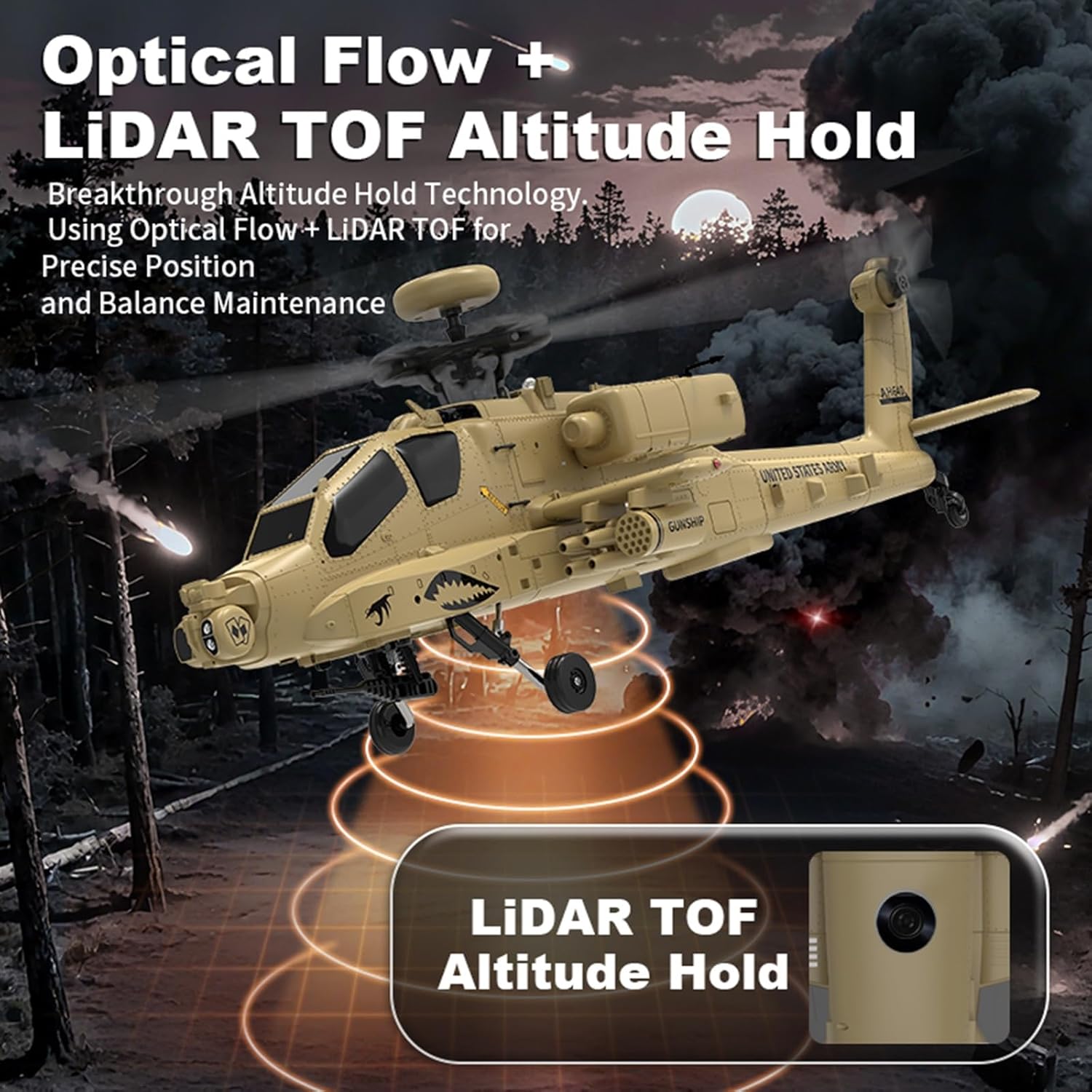 RC Helicopter, 1/32 Scale 2.4G 6CH Apache Single Rotor Heli Military Aircraft with Altitude Hold & 3D Inverted Flight Remote Model Birthday Gift for Adults Enthusiasts(Without Camera)