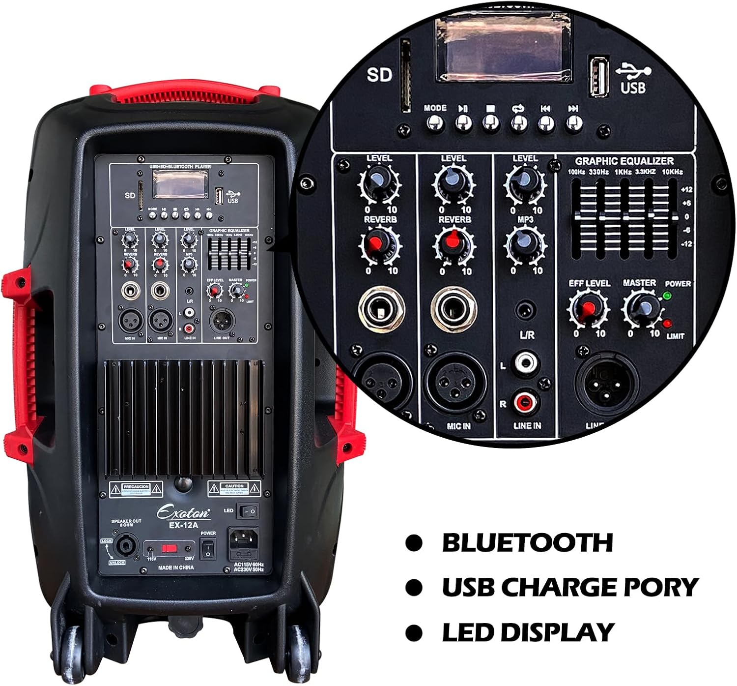 EXOTON 12 inch Professional Dual Powered PA Speakers, 1000 Watts Active&Passive Loudspeakers, PA System Combo Set with Microphone/Tripods/Remote Control/Bluetooth/USB/LED Light, Indoor Outdoor