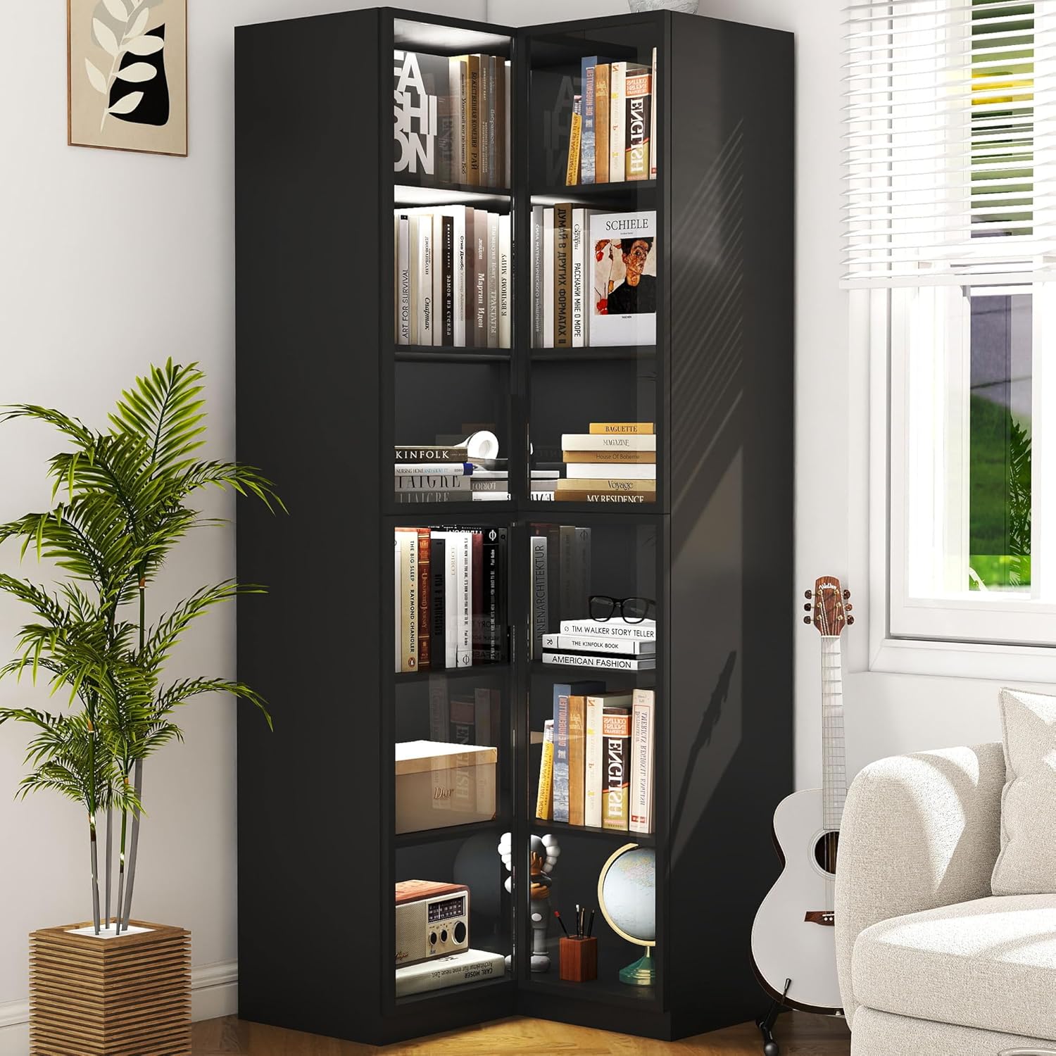 Mhsatyrs Corner Bookcase with Glass Doors: L Shaped Bookshelf with Storage, Black Display Cabinet with Led Lights, Modern Large Corner Book Shelves 6 Tier (Black)