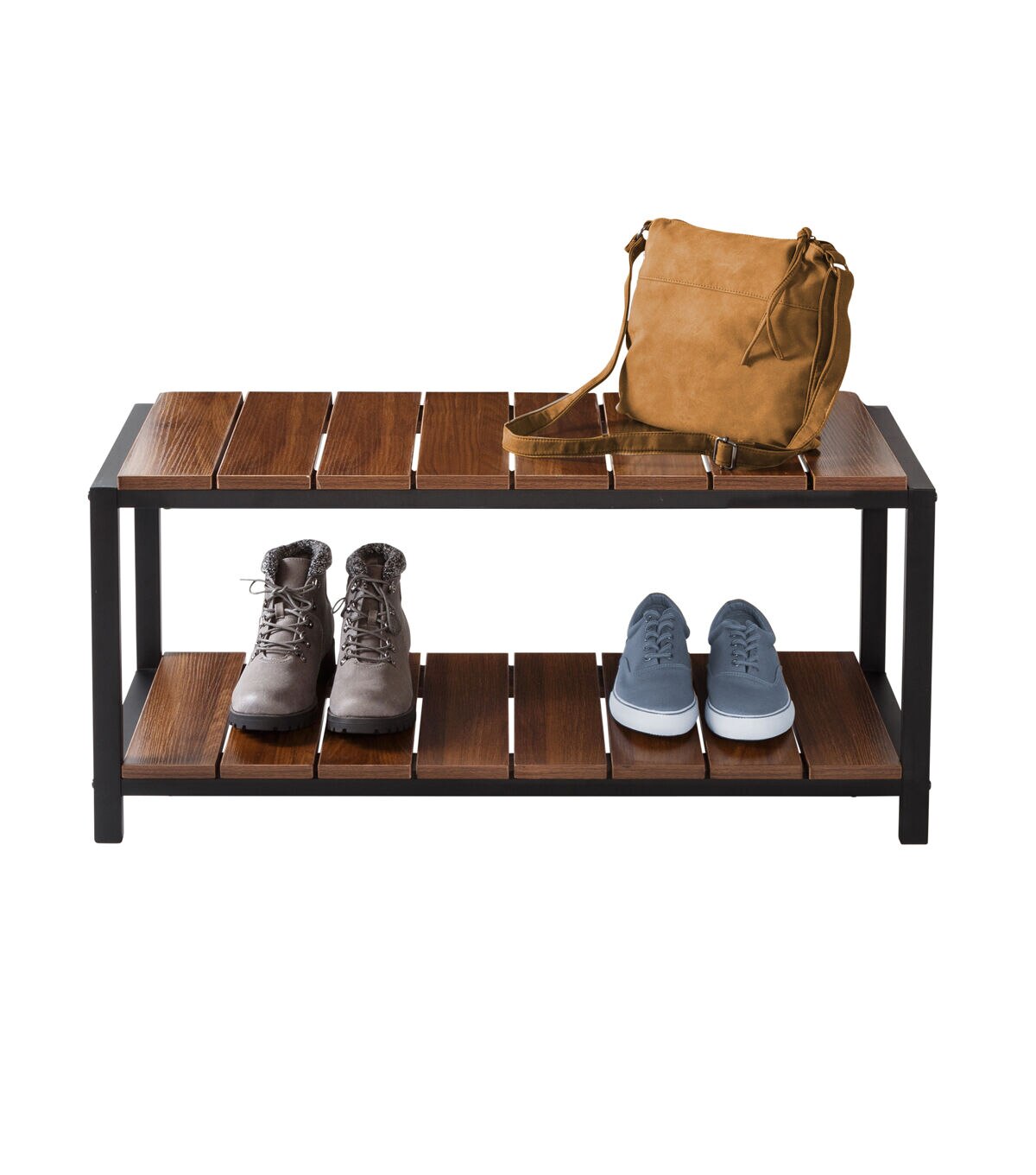 Honey Can Do 34 x 18 Walnut & Black 2 Tier Shoe Storage Bench