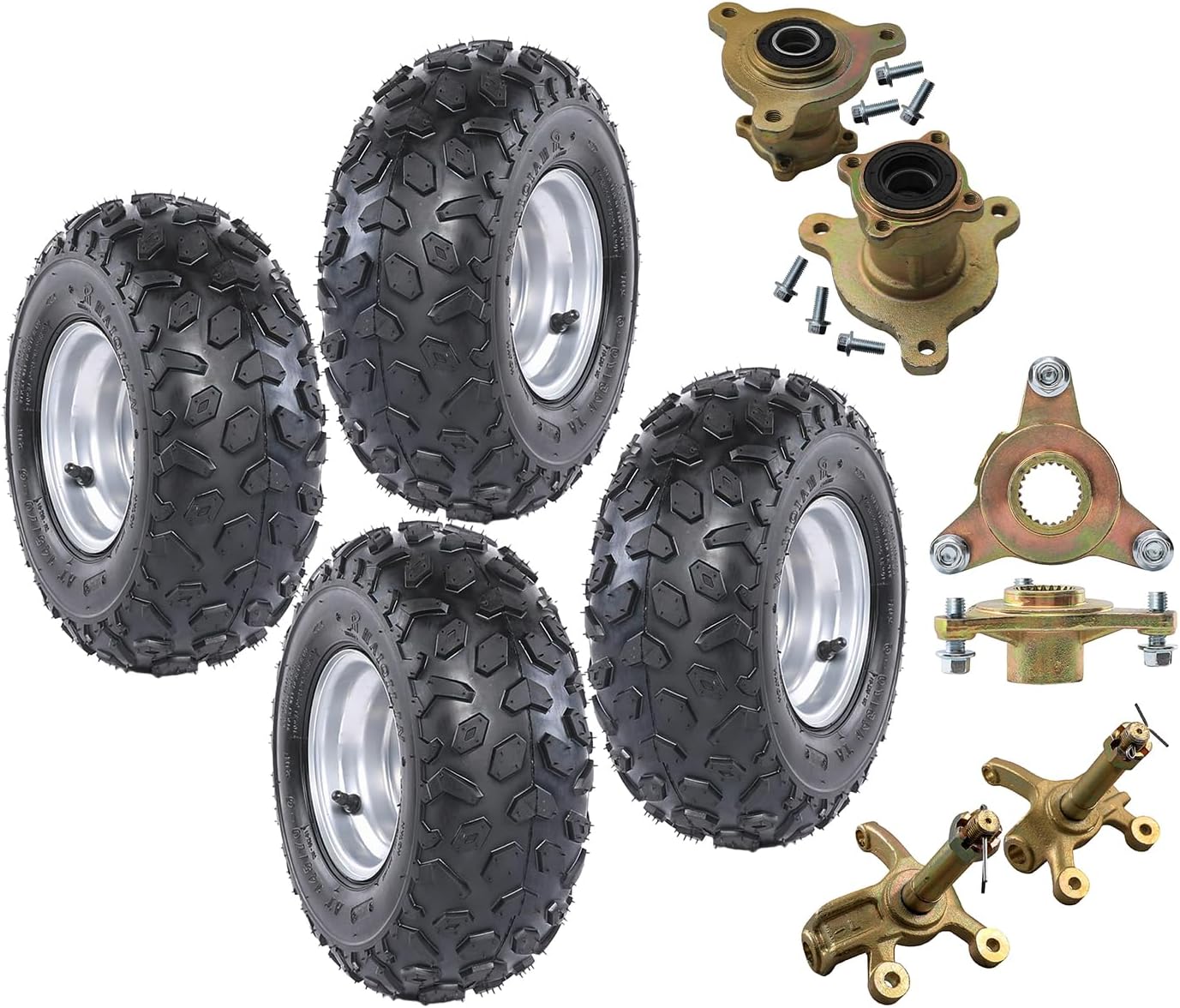 Set of 4 ATV Tubeless Wheel Tires 145/70-6, 6 inch Go Kart Tire 3 Stud Rim with Front Rear Axle Hub & Steering Knuckle for Quad Buggy Mini Bike 4 Wheelers Ride on Mower