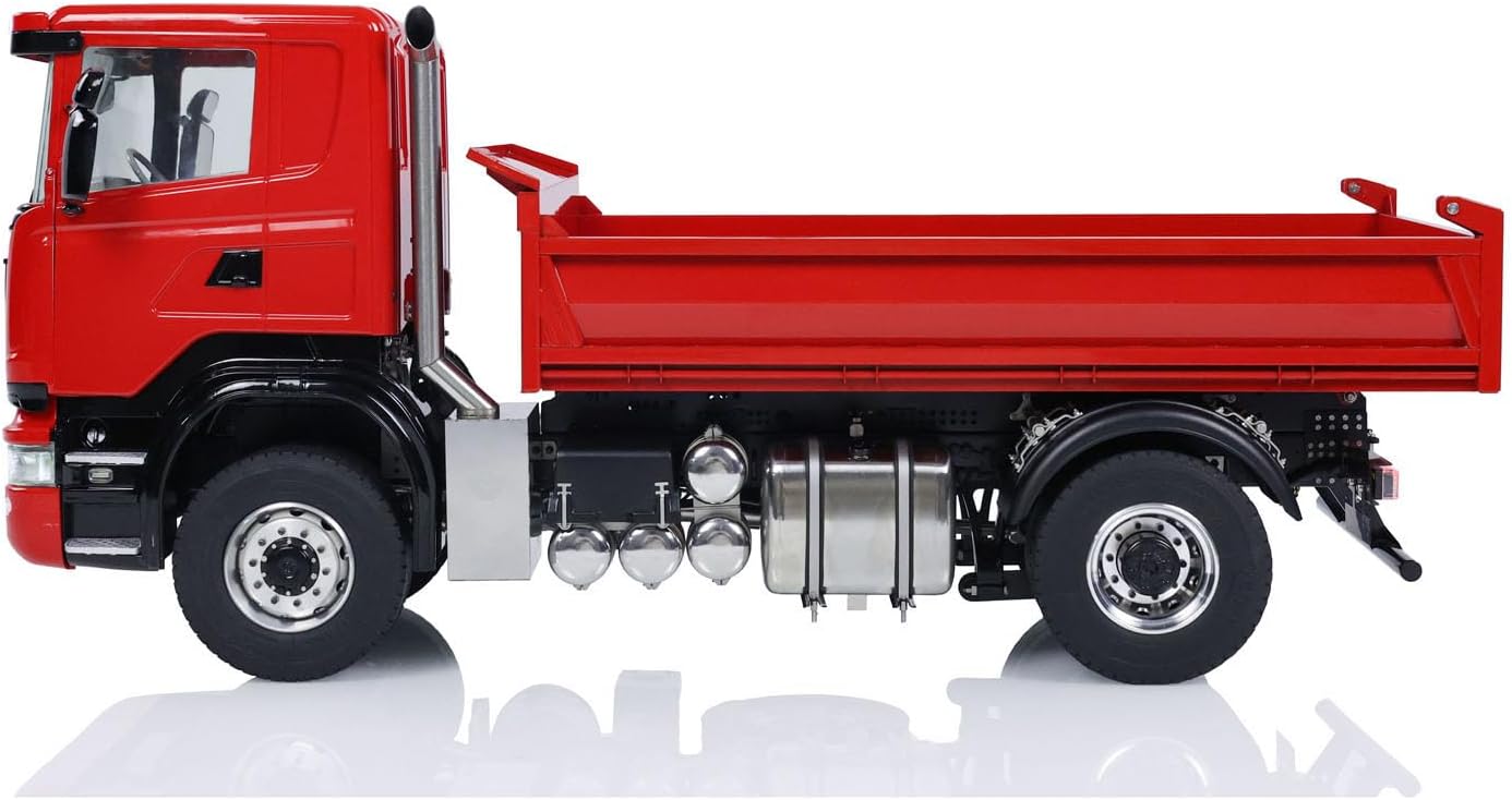 1/14 4x4 RC Hydraulic Dumper Car Remote Control Dump Truck Metal Tipper Model 3-Speed Transmission Differential Lock Axles Light Sound System Hobby Grade Model for Adult(Red)