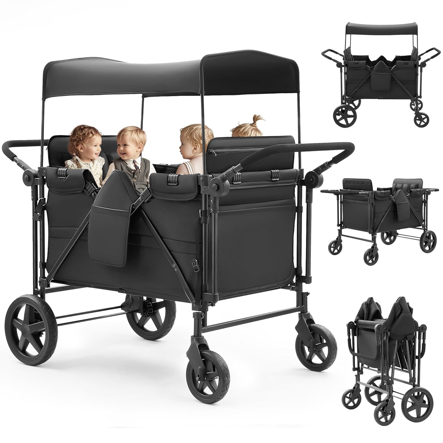 Stroller Wagon for 4 Kids, Wagon Stroller 4 Seater Featuring Dual Push Handles, Adjustable Canopy, 5-Point Harnesses and High Seat, All Terrain Foldable Quad Wagon for Kids Outdoor, Black