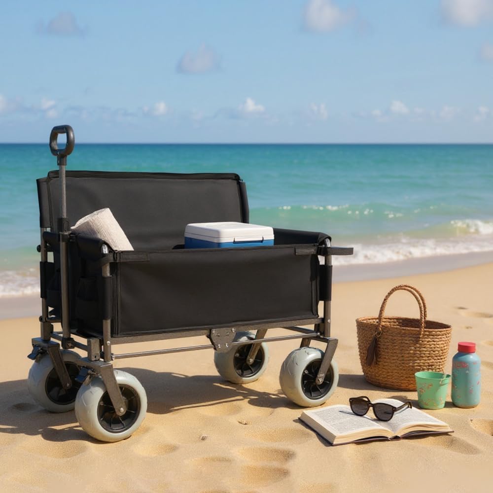 Versatile Folding Wagon with Bench Seat – Heavy-Duty Steel Frame, All-Terrain Wheels, Spacious Cargo Area for Outdoor Activities (Black + Steel)