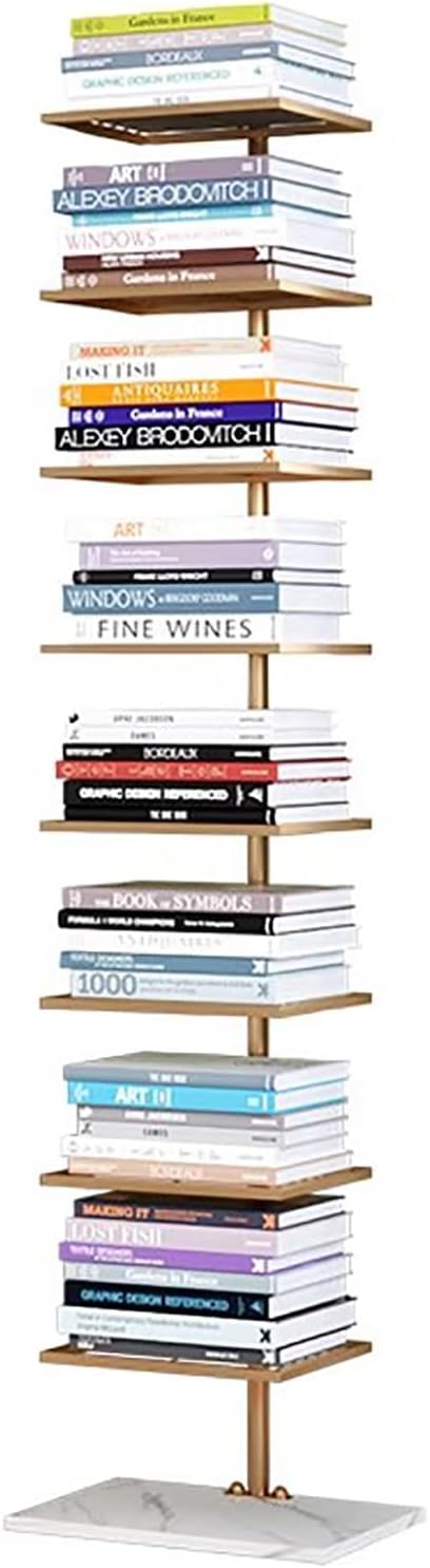 Modern Tall Open Vertical Bookcase, Metal Spine Bookshelf Tower,Invisible Floating Bookshelf,Narrow Floor Standing Organizer,Display Shelf Storage Rack for Small Space (Gold, 8 Tier)