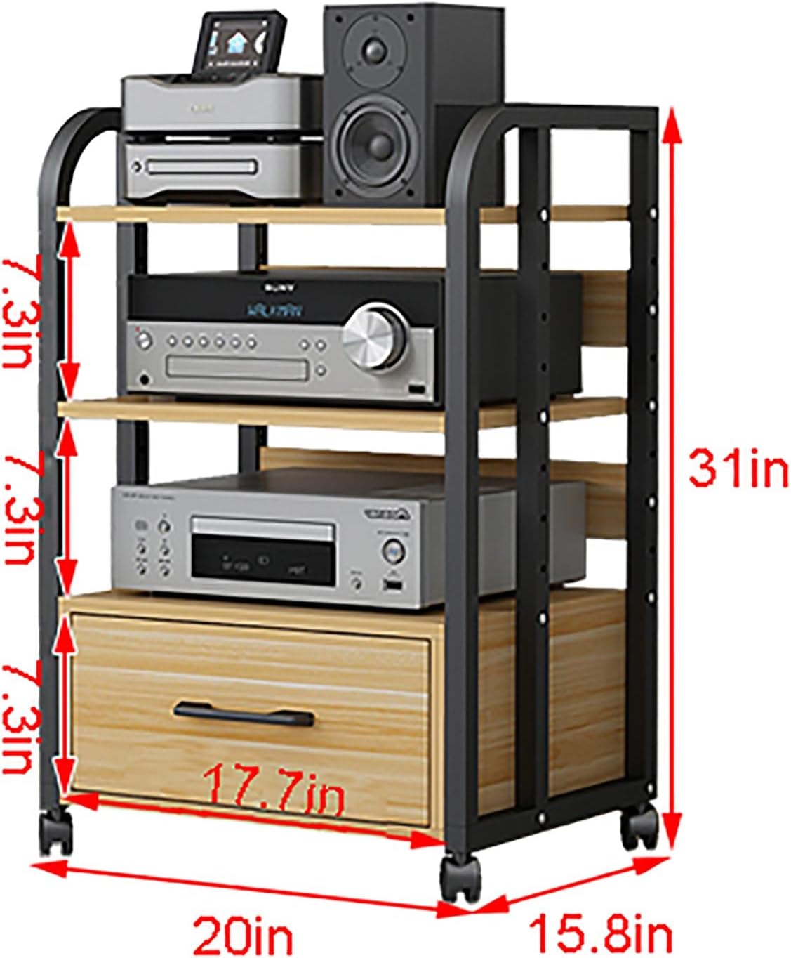 HONGKEFIT 3/4-Tier AV Media Stand Corner Shelf Stereo Cabinet Audio Rack Tower with Height Adjustable Wooden Shelves