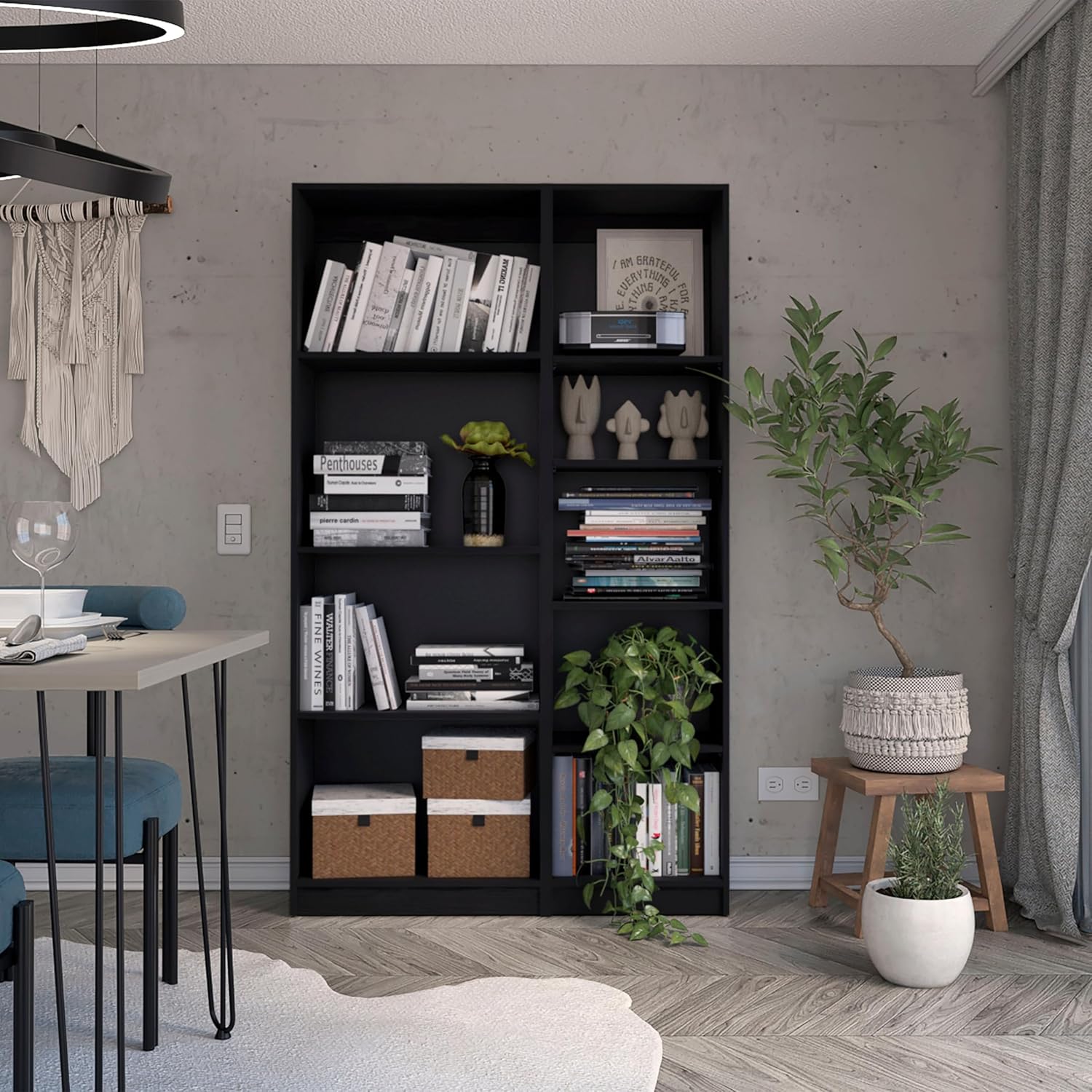 agnixnaf Black Wood Flat Bookcase with 7 Shelves, Rectangular Bookshelves, Traditional, for Office, Bedroom, Living Room, Study Room