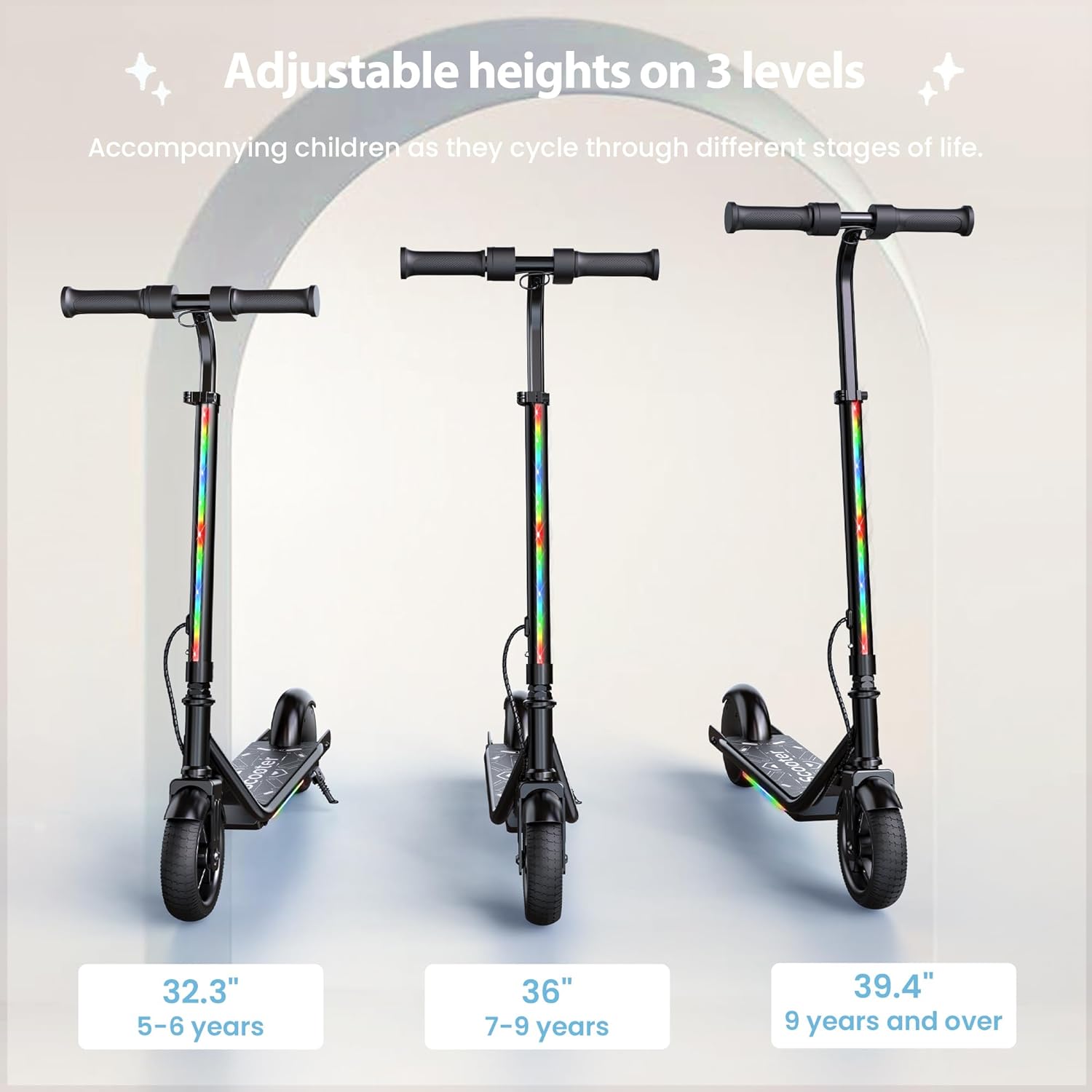 Electric Scooter for Kids, 10MPH Max Speed, 150W Motor, 3 Speeds Adjustable, LED Display, Double Brake, Magnetic Charging, Pedal Light, Kids Electric Scooter for Aged 6-12, Gifts for Boys & Girls