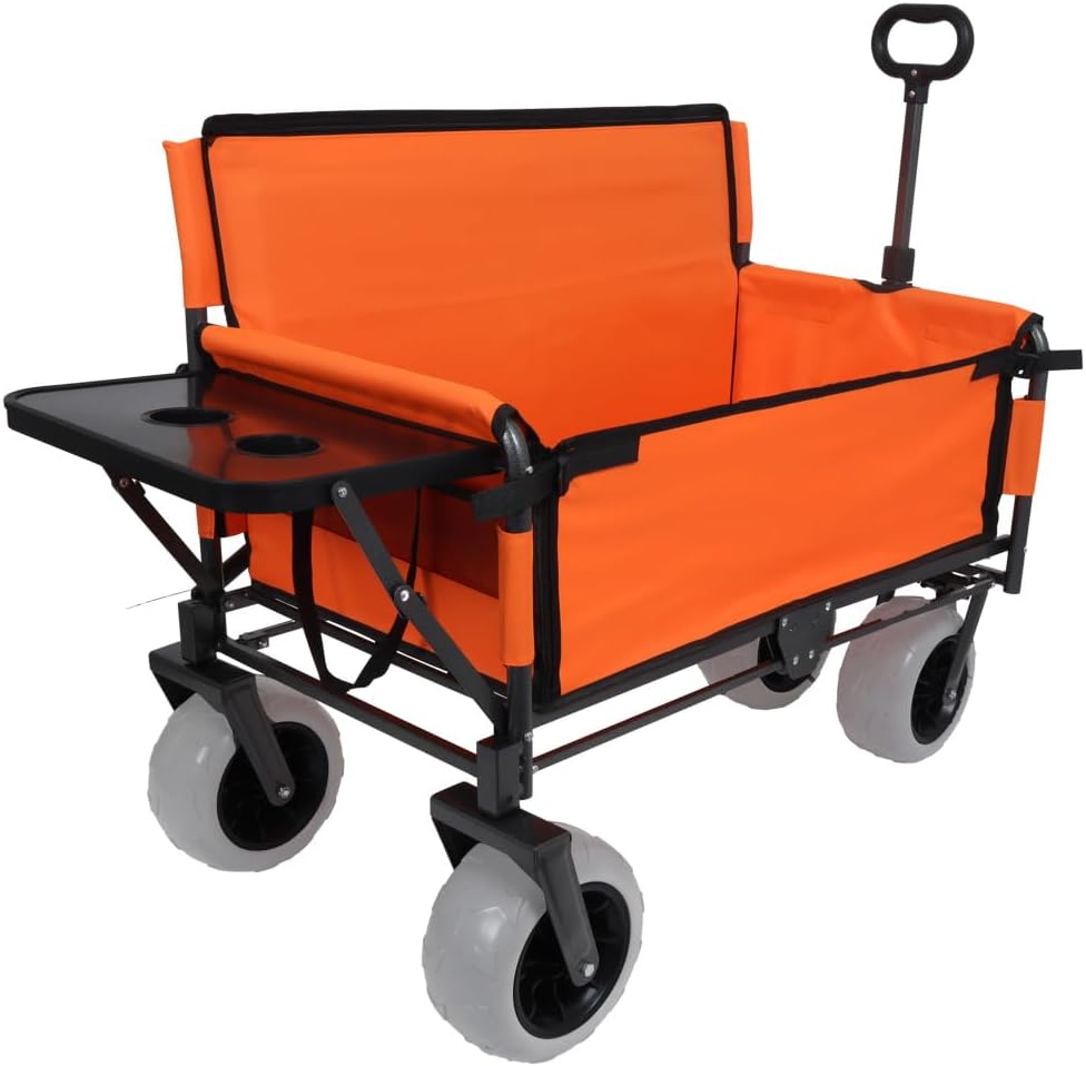 Heavy-Duty Folding Wagon with All-Terrain Wheels and Removable Seat - 500 lb Capacity for Camping, Beach, and Outdoor Use (Orange + Steel)