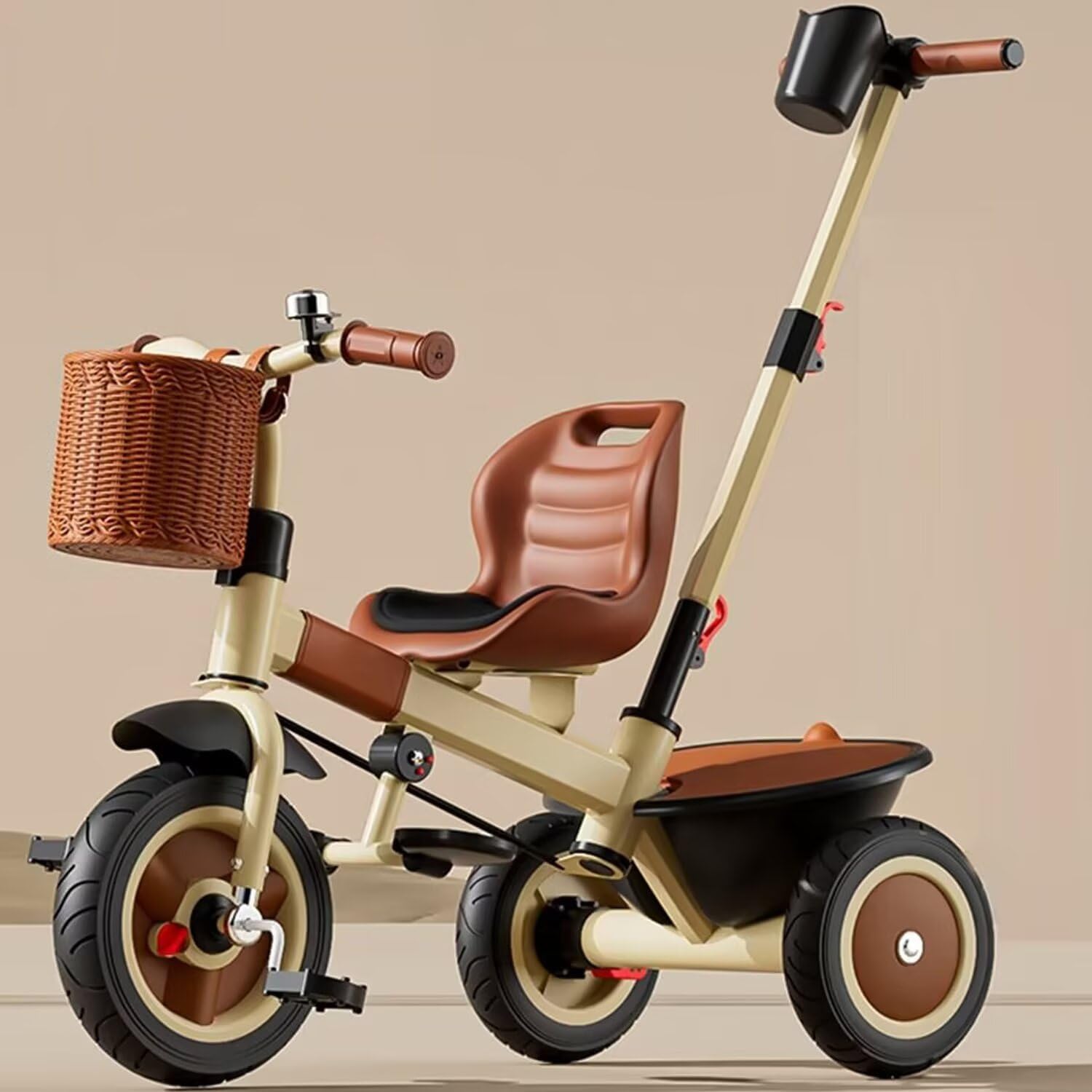 Stroller Trike with Push Handle,Ride-on tricycles with Pedals,Adjustable seat with Belt,Rubber Wheels,Front Wheel with Clutch,Rear Wheel with Dual Foot Brakes, Khaki