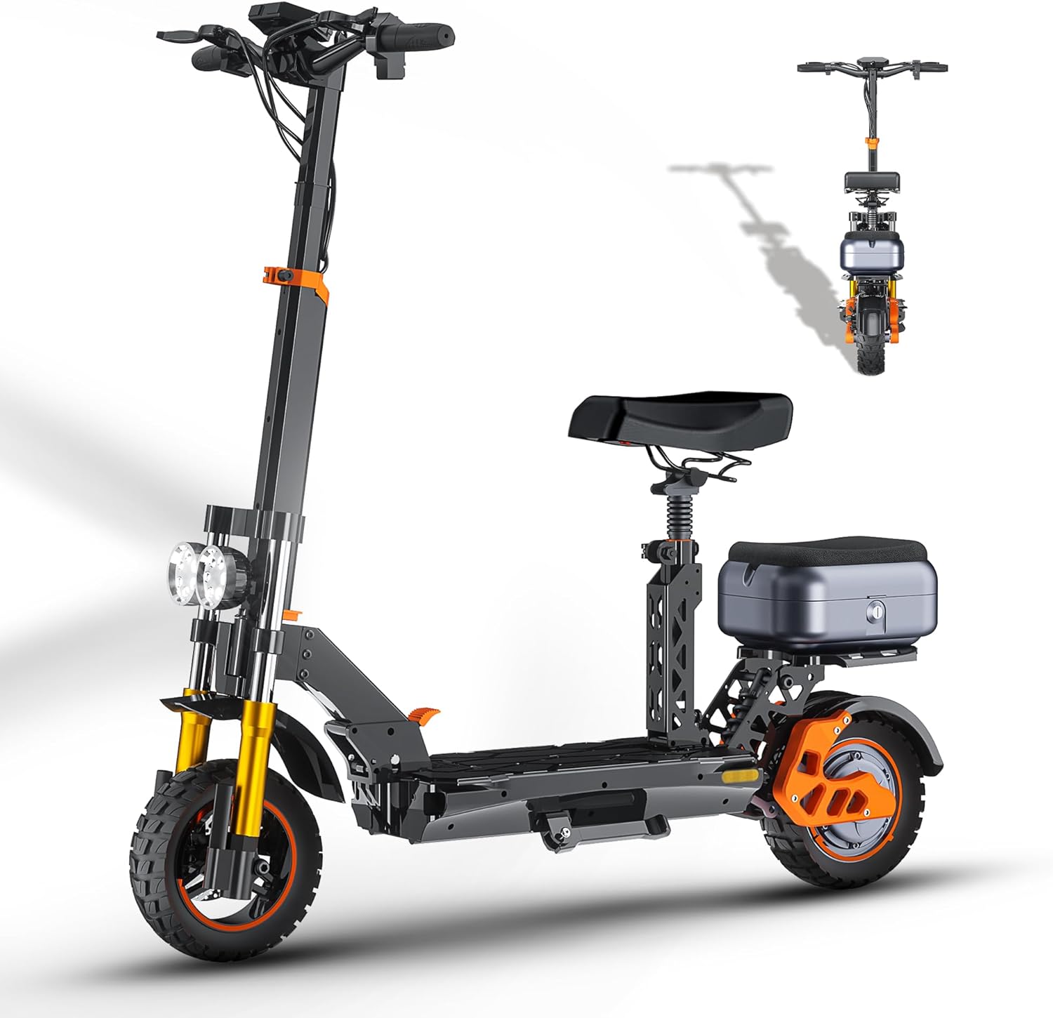 Electric Scooter for Adults with Seat & Storage Box, 50 Miles Range, 31-34 MPH,1600W Motor, Hydraulic Suspension, Foldable