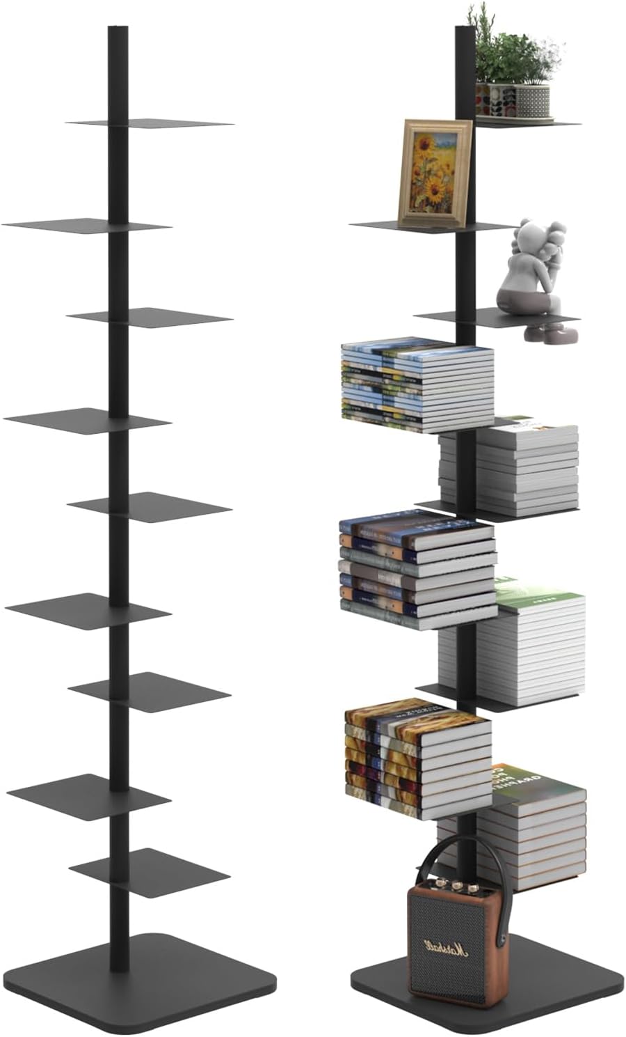 Choowin 9-Shelf Metal Spine Bookshelf Vertical Bookshelf, Adjustable Modern Floating Narrow Tree Book Shelf Book Tower, Display Shelf for Bedroom Living Room Office, 70 inch Tall, Black
