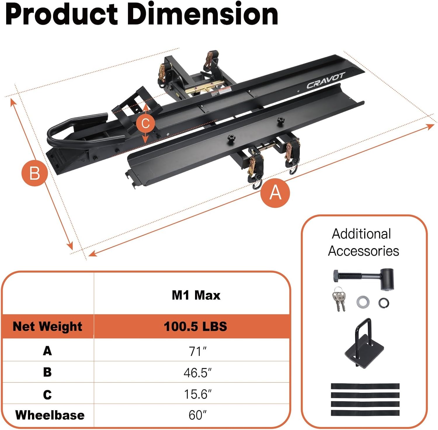 Motorack M1 Max Motorcycle Hitch Carrier with Ramp, 660 lbs Capacity Dirt Bike Carrier, Foldable Hauler Hitch Mount Rack Anti-Rattle Up to 6-inch Fat Tire 2