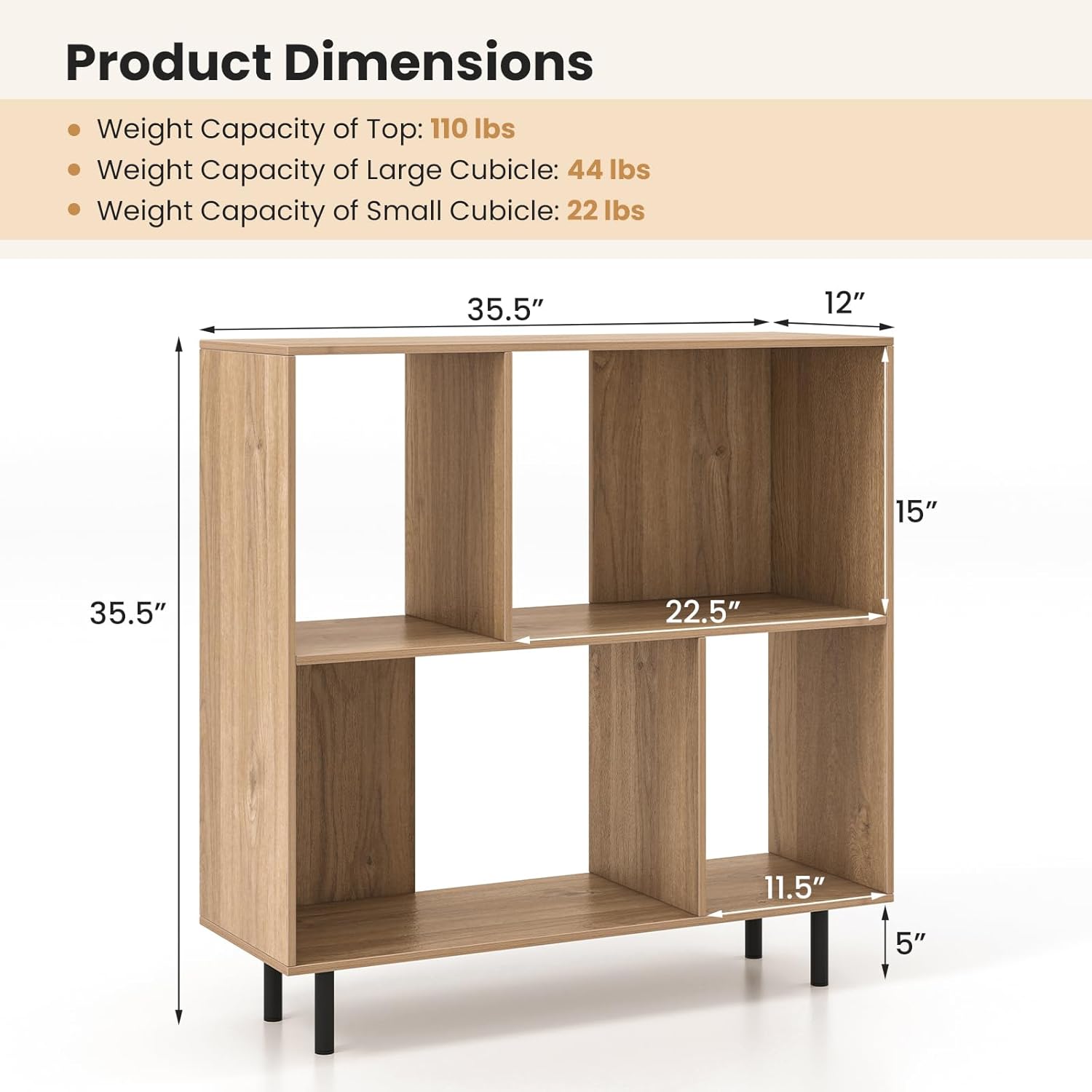 Tangkula 4 Cubby Open Bookcase, 3-Tier Freestanding Bookshelf with Detachable Metal Legs, Anti-toppling Device, Anti-Falling Baffles, Modern Cubicle Display Shelf (2,Natural)