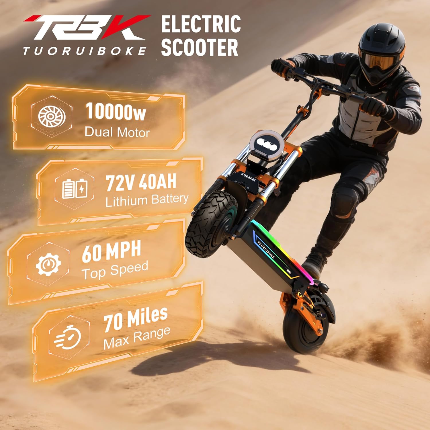 TRBK-M2 72V10000W Dual Drive Off-Road Electric Scooter, 11-inch All-Terrain Tires, 60 mph Top Speed, 35 AH Li-Ion Battery, 62 Mile Range, Hydraulic Brakes/Shock Absorption,Smart Large Screen with Seat