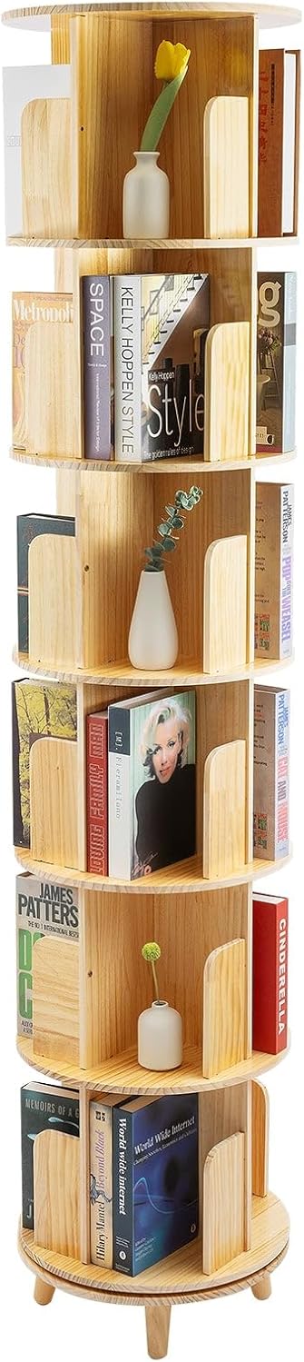 Ncescmal 6-Tier 17.72in Wooden 360° Rotating Bookshelf Floor Standing Bookcase