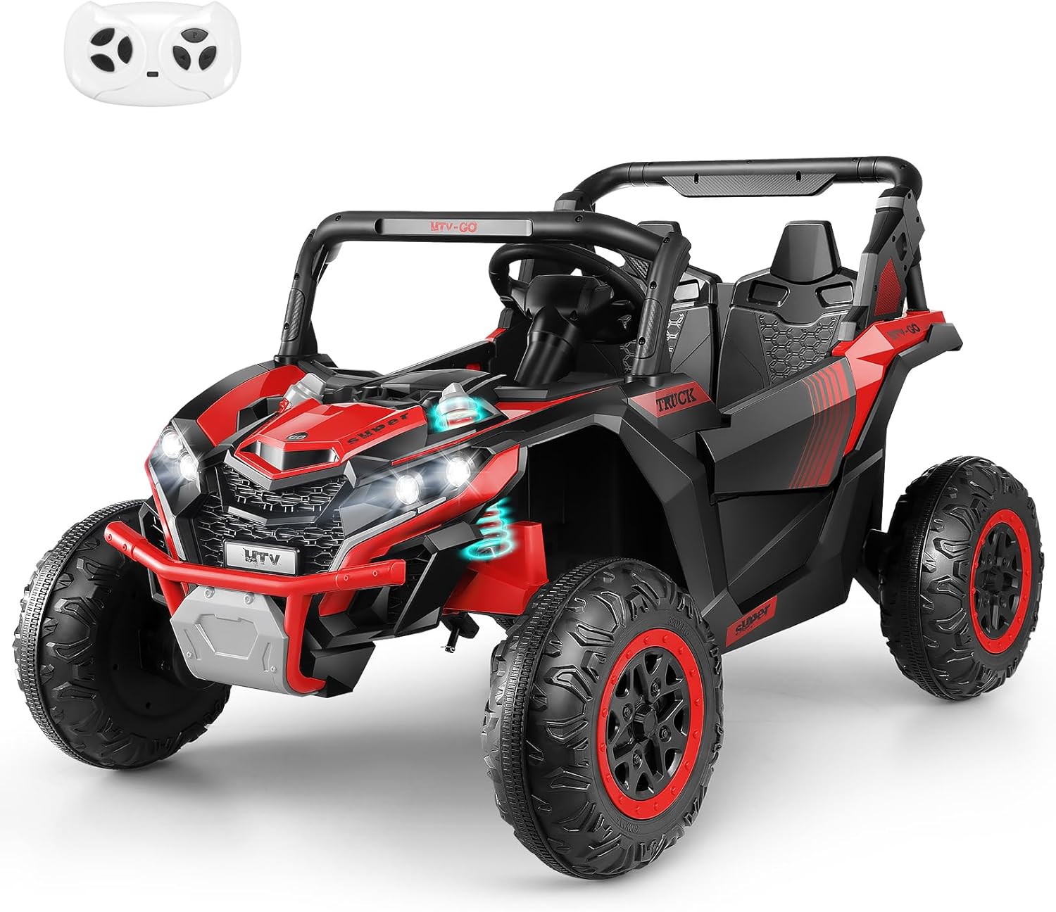 Hikole Two Seater Ride on Car for Kids,24Volt 4×4 Powerful Motors, Ride on Toys UTV for Boys&Girls, Kids Electric Vehicles, Wide Seat, Dashboard, LED Head&Tail Lights, Bluetooth/Music/USB, Red