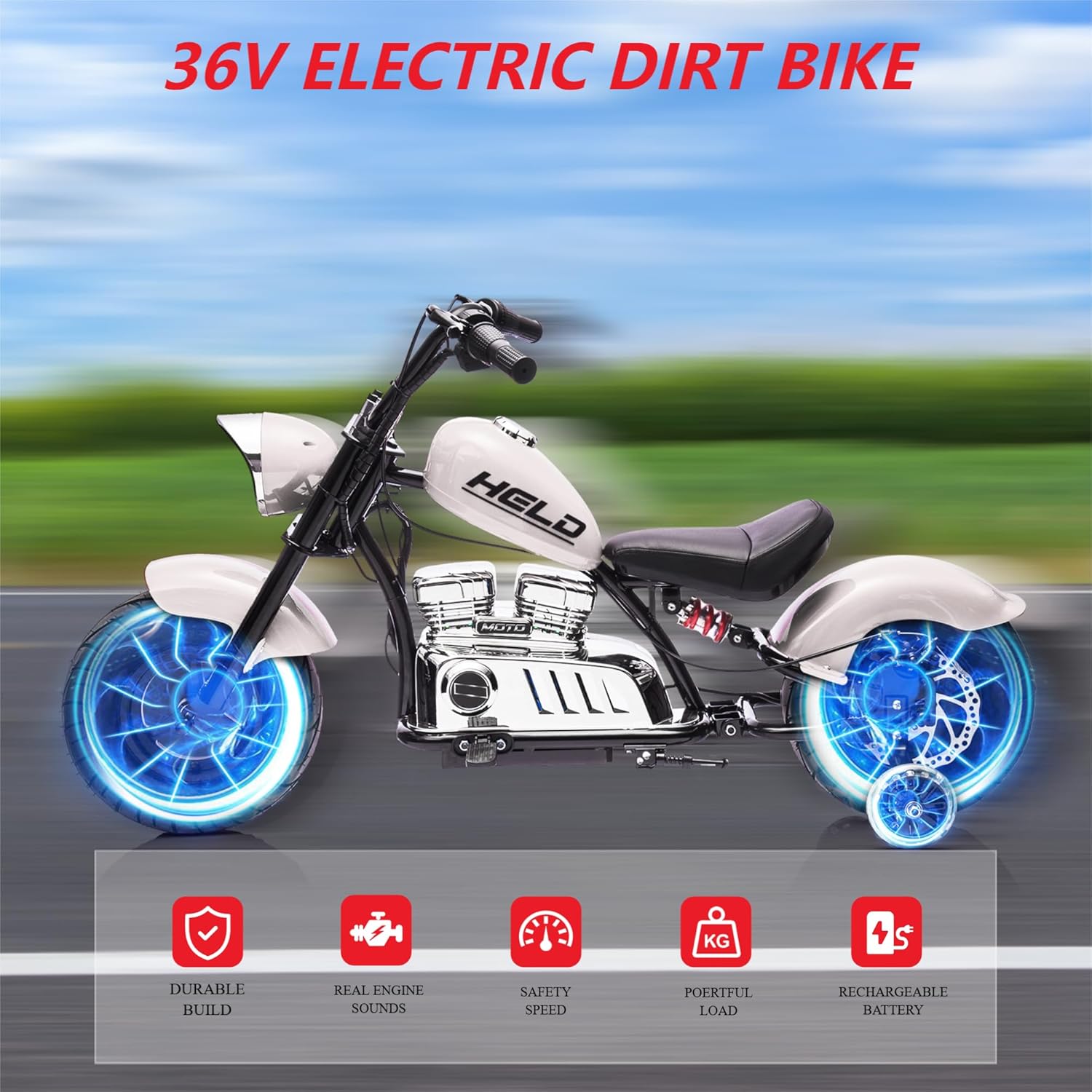 IDEAHOUSE 36v Off-Road Electric Dirt Bike for Teens – 350w Brushless Motor, 16.5Mph Max Speed, Spring Suspension, LED Light & Leather Seat (176Lbs Max Load), White