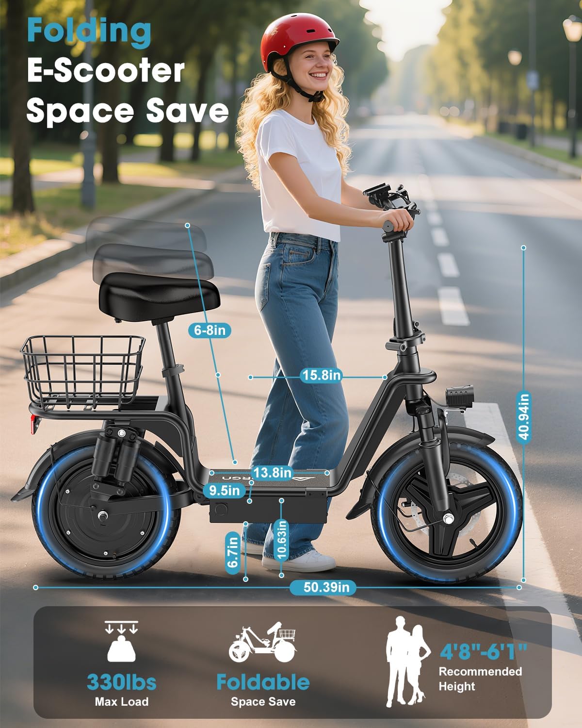 Peak 900W/1300W Electric Scooter for Adults with Seat, 48V 10.4Ah/13Ah Li Battery, 28-35 Miles Range eScooter, 20MPH Commuter E Scooter with Basket, Max 330LBS, UL2849 Certified, C14 PRO