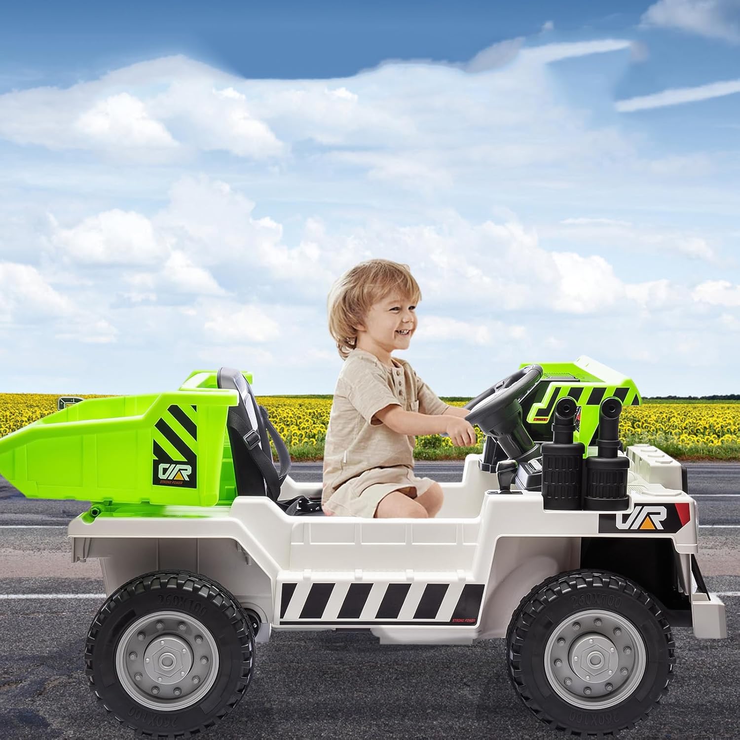 12V Electric Ride-on Construction Truck,12v Kids Ride on Dump Truck with Remote Control,4WD Electric Construction Vehicle w/Working Dump Bed & Shovel,Bluetooth Music, USB Charger