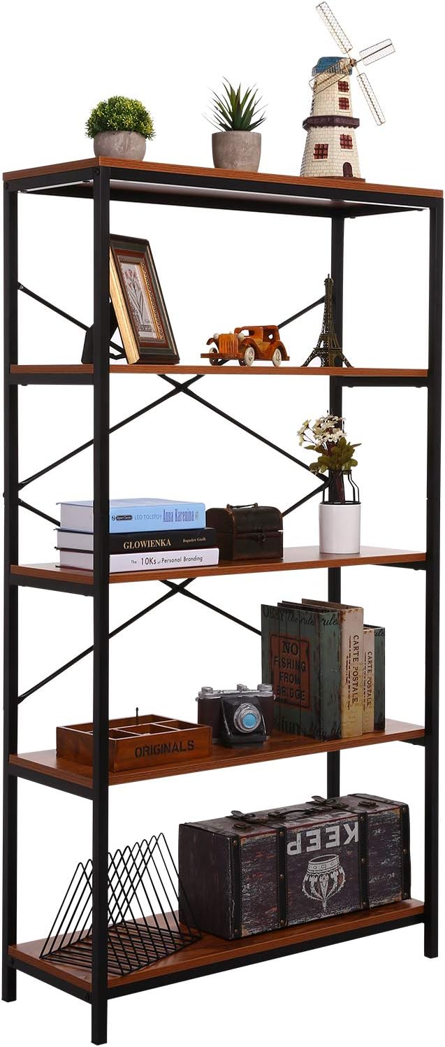 Modrine 4 Shelf Bookcase, Bookshelf Industrial Style Metal and Wood Bookshelves, Open Wide Home Office Book Shelf