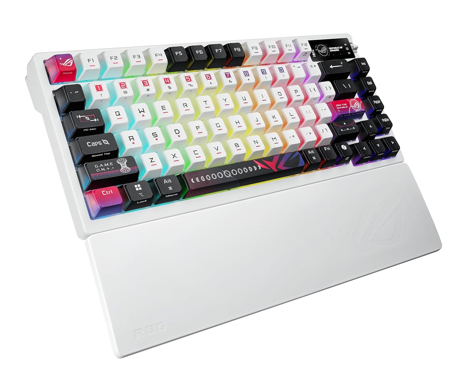 ROG Azoth X 75% custom gaming keyboard, hot-swappable Storm V2 Switches, gasket mount, dampening foam, FR4 plate, south-facing PCB, tri-mode connection, OLED display, control knob, wrist rest, Mac