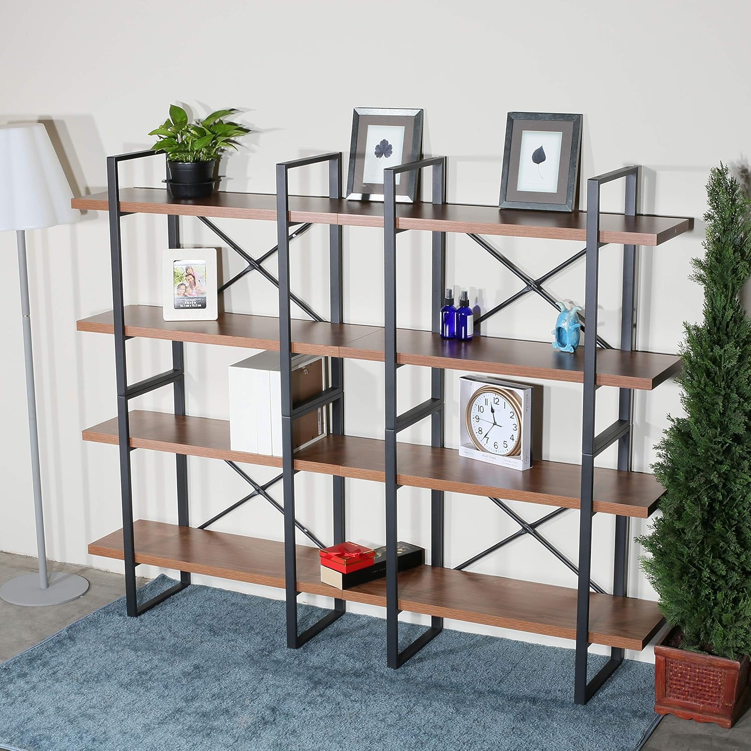 DAVEE Large Double bookcases with 8 Walnut Wood Shelves for Living Room - 82.68x11.34x56.69 inches