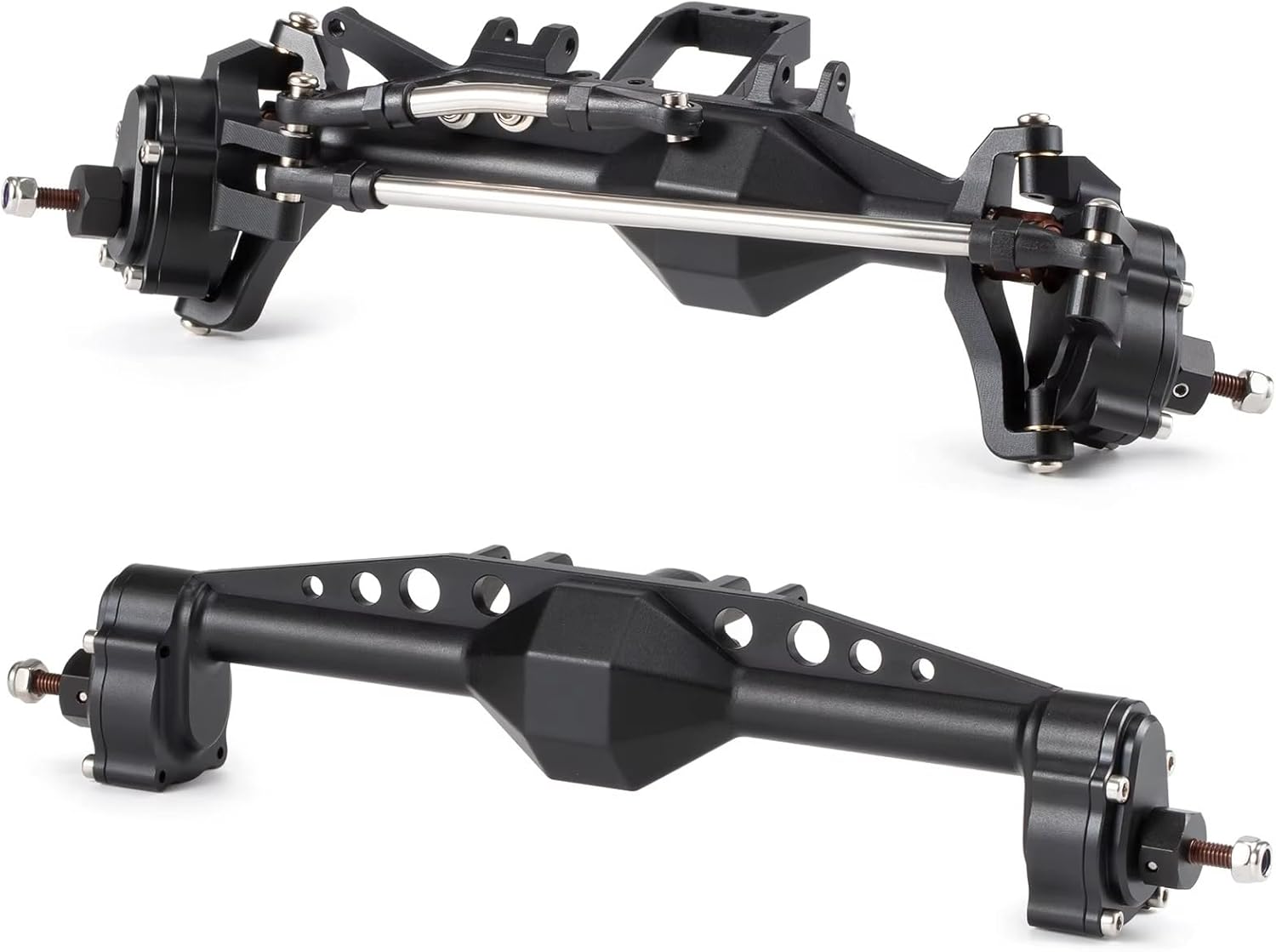 RC Front Rear Drive Axle Compatible with H10 for Optic for Capra RC for Rock Crawler for LCG Cheater Rigs Machined Offset Portal Front Rear Axle with Servo Mount(Black,Front and Rear)