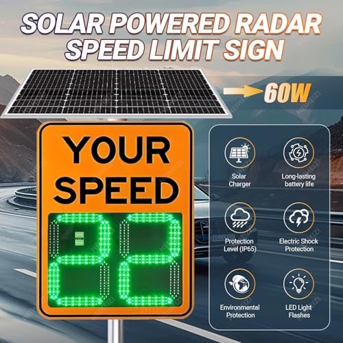 Solar Powered Radar Speed Limit Sign - LED Display for Speed Detection, Covers 4 Lanes, Ideal for Highways & Speed-Limited Roads, 60x90cm/24 x35 - Enhance Road Safety