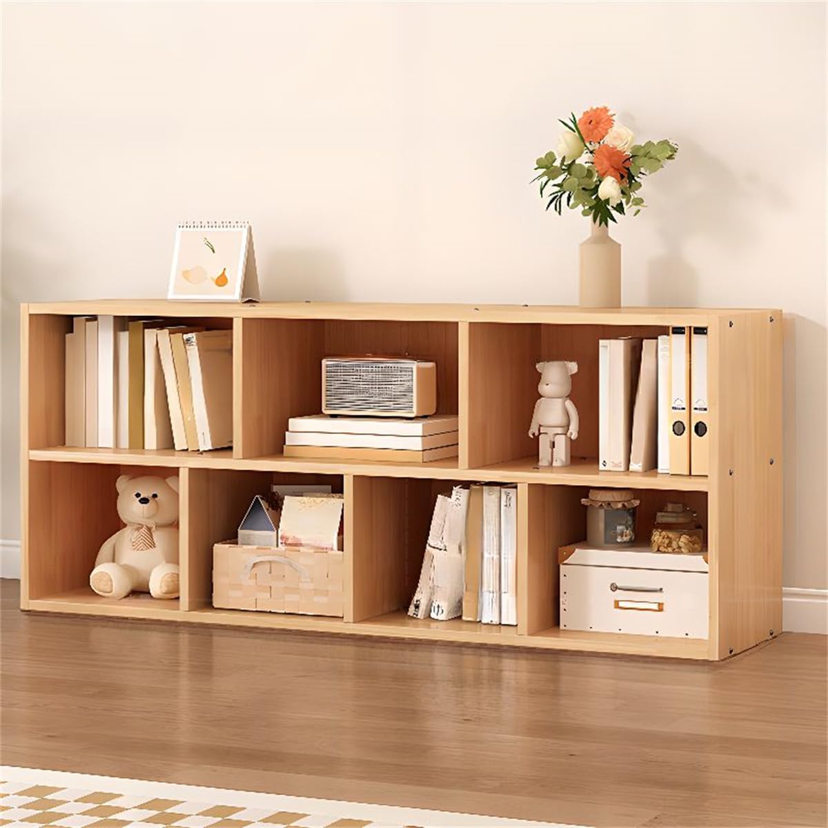 KWOKING Natural Finish Lateral Filing Organizer Shelf with Multiple Shelves Lumber Frame, Closed Back Wood Lattice Cabinet Floor Rack Low Bookcase Home Storage Cabinet Natural 47.2