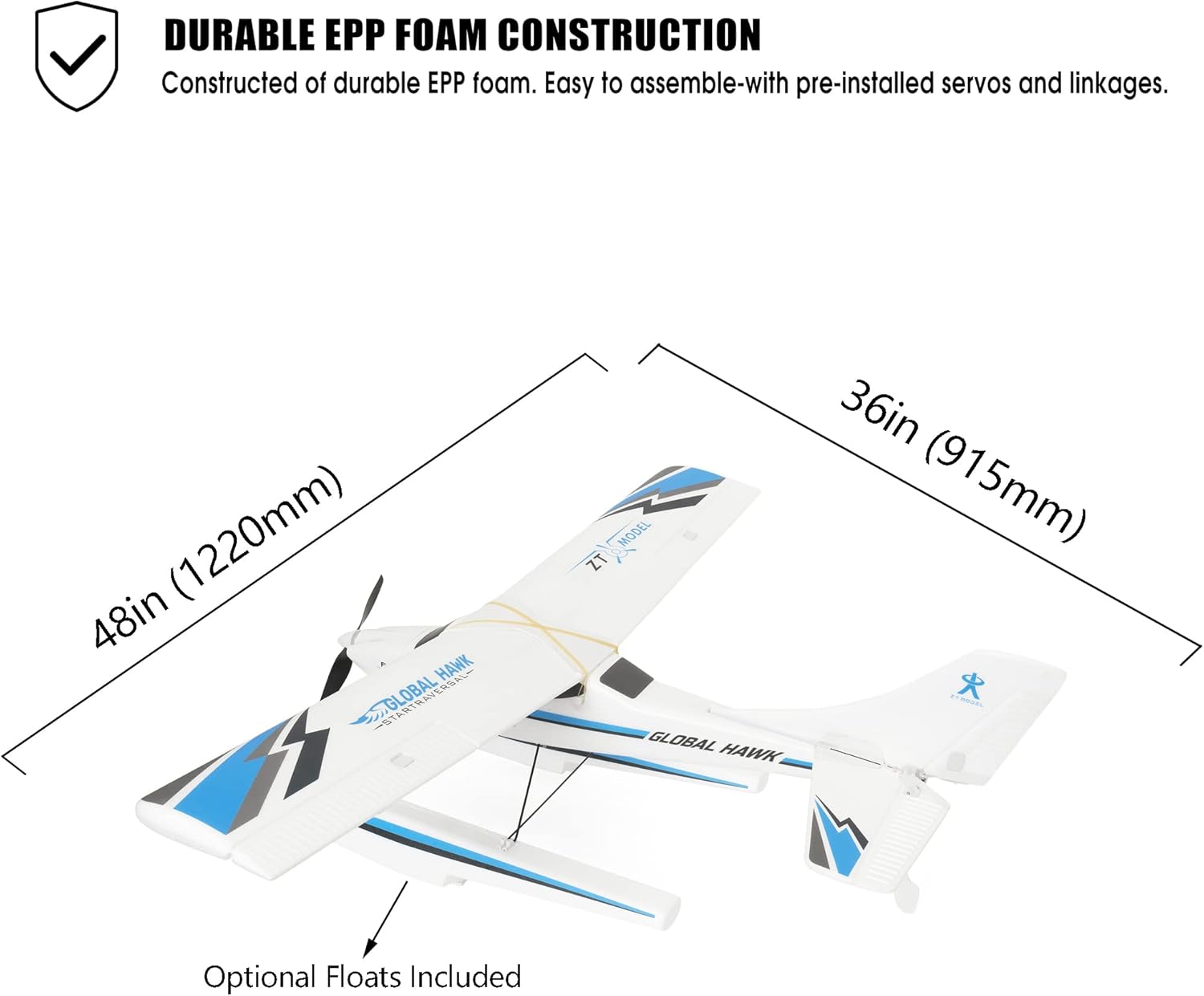 Global Hawk 2.4 GHz 1.2m RC Seaplane Smart Trainer Airplane- 4 Channel Remote RTF- Lithium Battery and Optional Floats Included