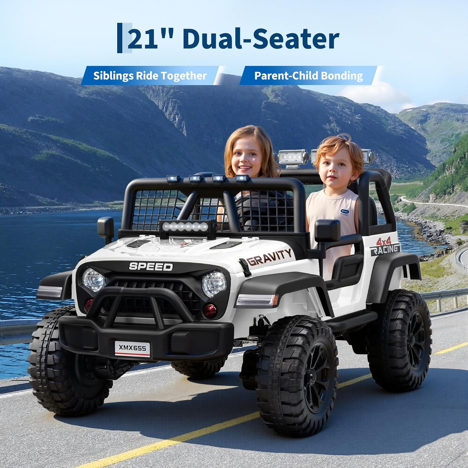 24V 2-Seater Kids Electric Truck with Parent Remote Control, 100Min Ride-on Car, 4WD Dual Motor, 2 Speeds, Spring Shock Absorber, LED Headlights, Siblings Gift Kids Electric Vehicle, White