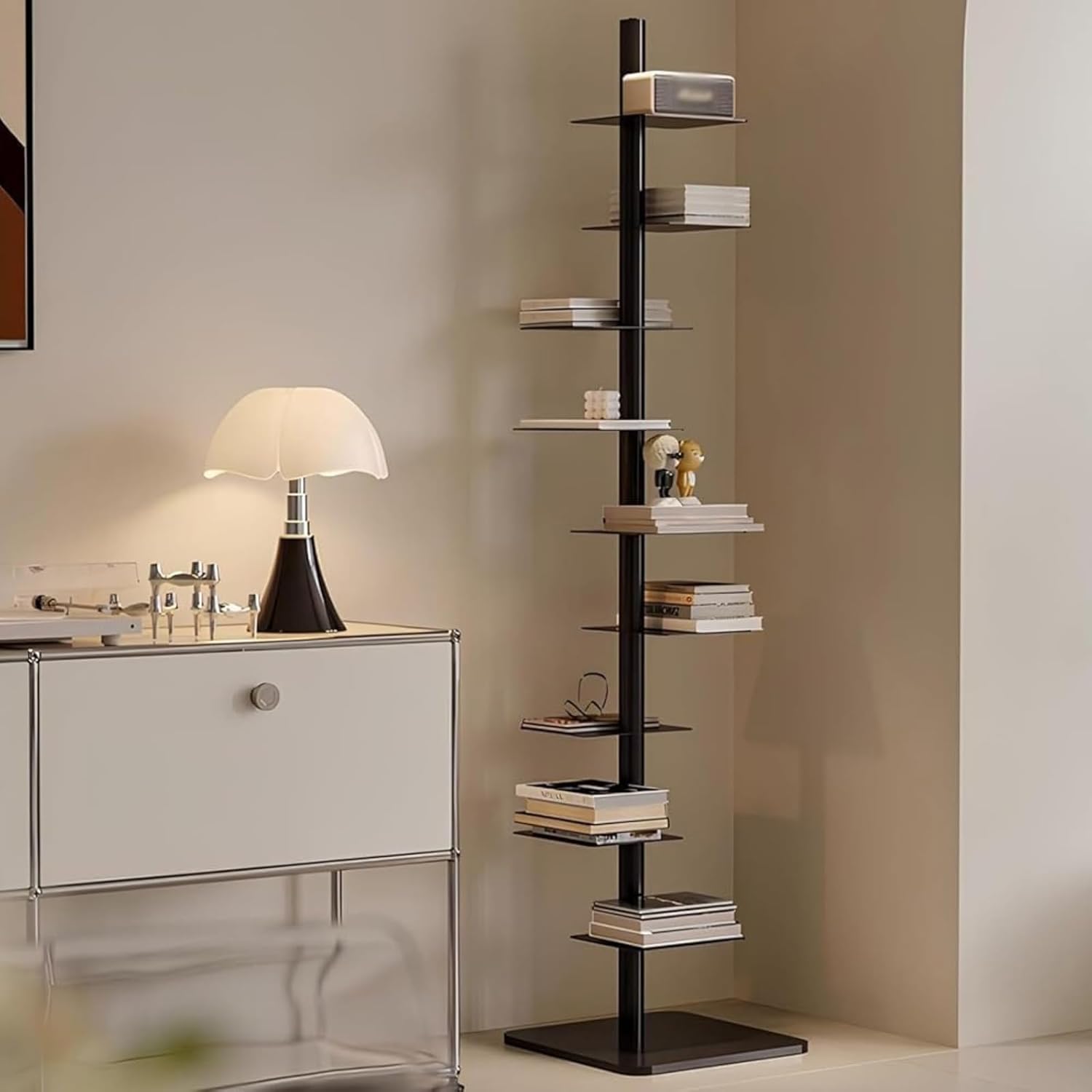 Spine Bookshelf, 9-Tier Metal Bookcase Spine Tall Narrow Ladder Book Shelf Simple Narrow Invisible Bookshel Vertical Bookshelf for Home (Black)