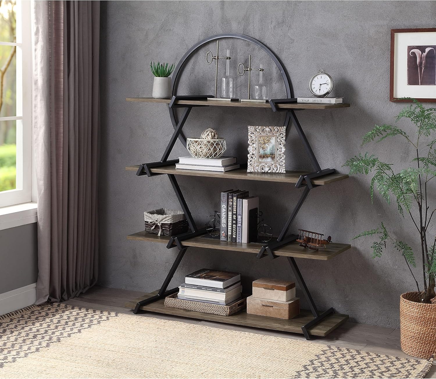 Vertical Open Back 4-Shelf Bookcase Black Brown Rustic Urban MDF Steel Matte Powder Coated Wall Recessed