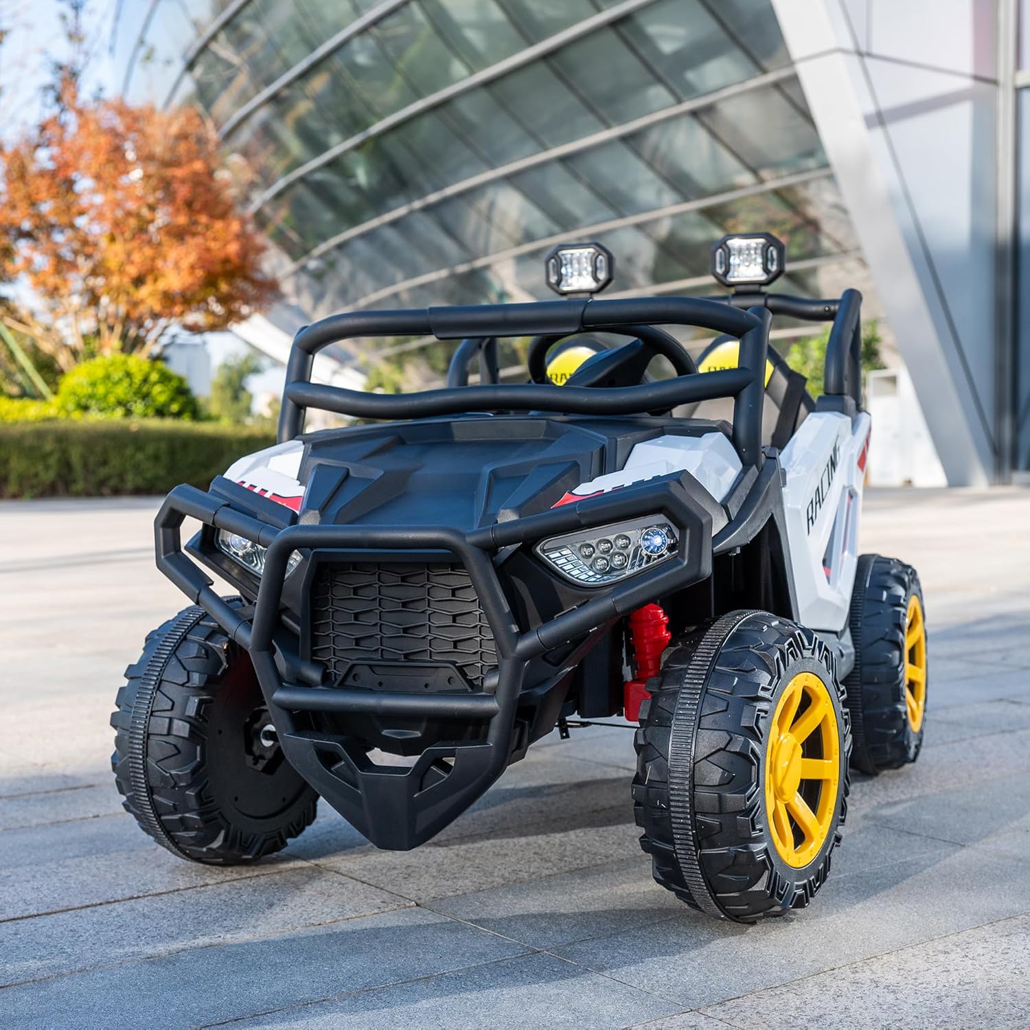 Real 2 Seater 24V Ride On Car Truck, Electric Power Vehicle for Kids with Parent Remote, Spring Suspension, MP3/USB Player, High/Low Speed, LED Lights, Big Wheels UTV for Toddlers, White