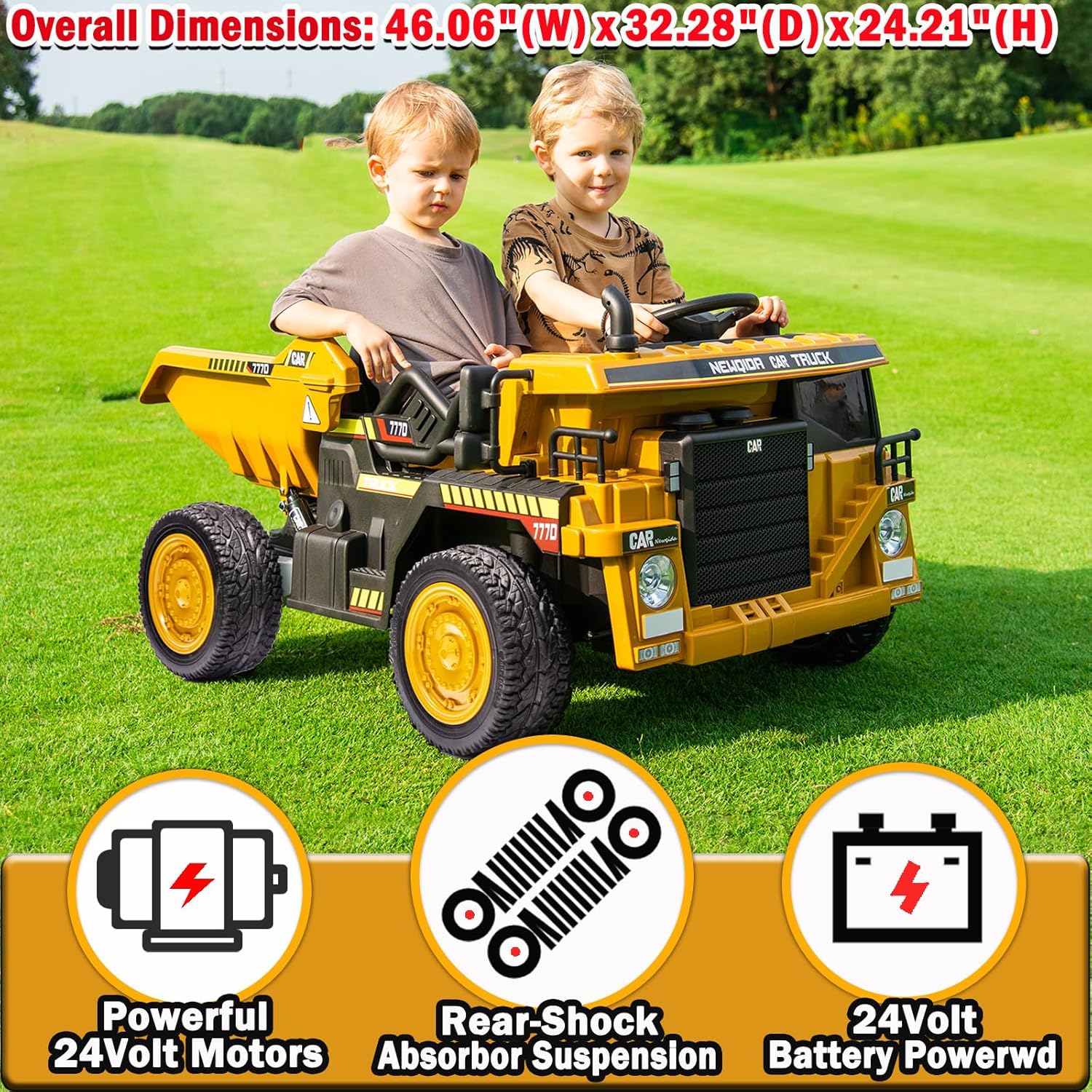 NEWQIDA 24V Ride on Dump Truck, Kids Electric Car with Remote Control, Ride on Construction Vehicles w/Electric Dump Bed, Shovel, 2x75W Powerful Motors, Up to 4.4Mph, EVA Tires, Soft Start, Yellow