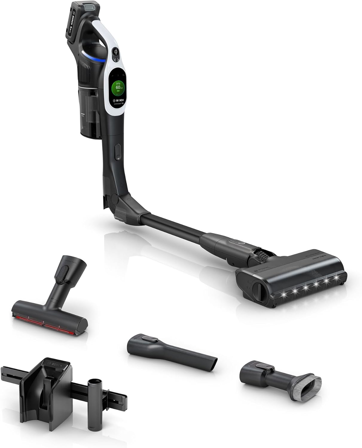 Bosch Unlimited 10 Cordless Stick Vacuum, 80-Min Runtime, 90° Flex Tube, MicroClean Brush, >99.9% Dust Pick-up, Dust Compression, HEPA Filter, Pet Hair, Carpets & Hard Floors, 3 Accessories, White